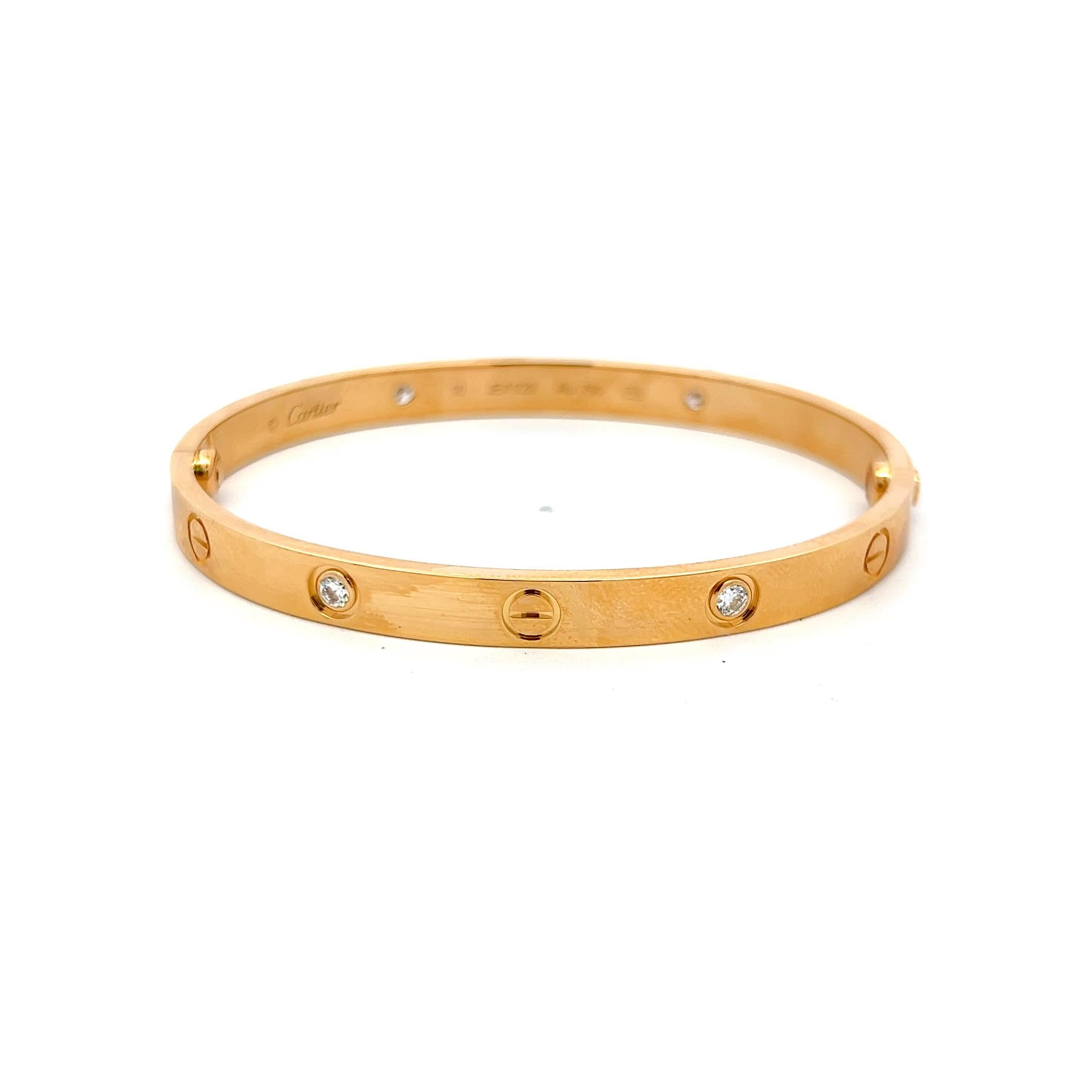 Women's Cartier 0.42 Carat Round Brilliant Diamond 18K Yellow Gold Love Bracelet Size 18