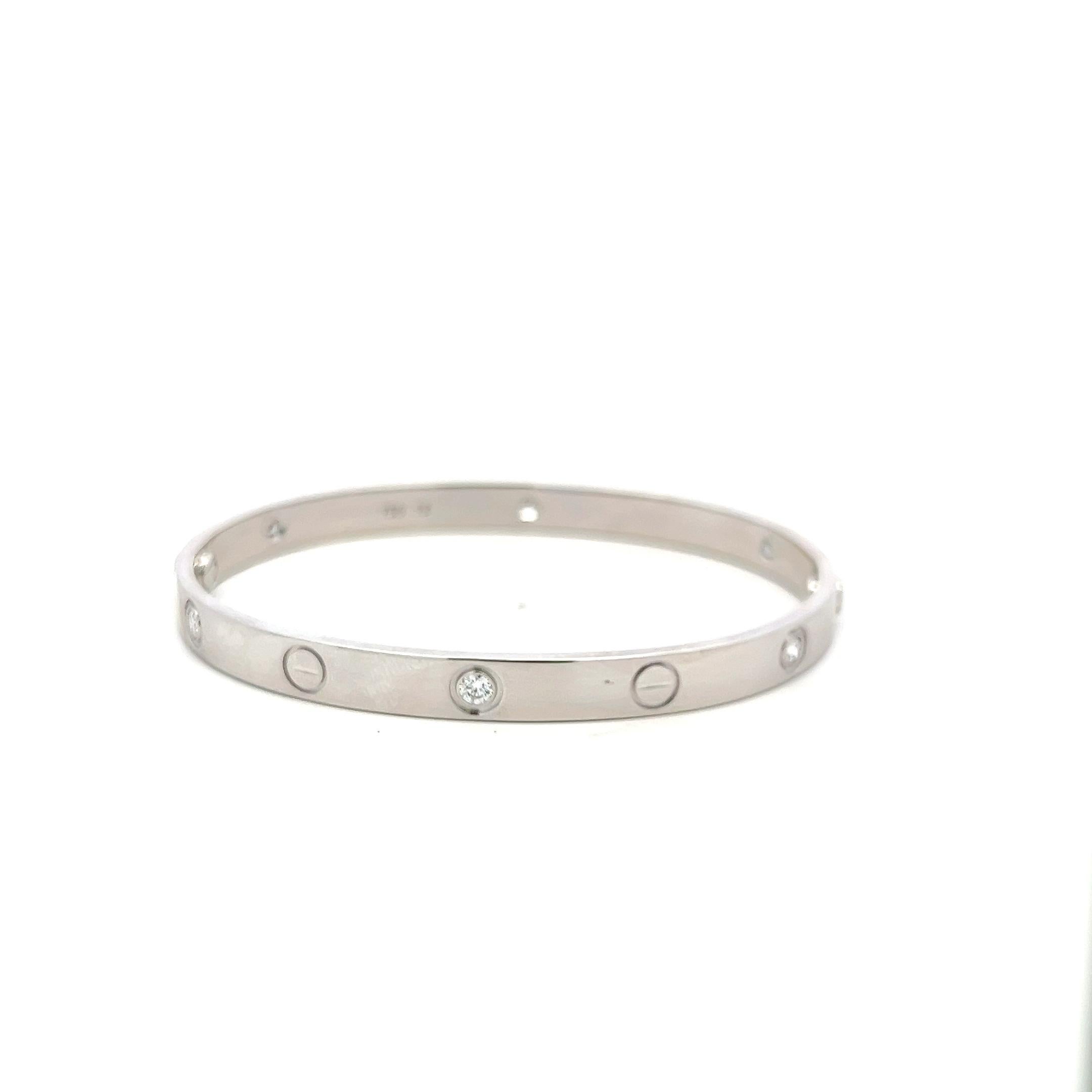 Round Cut Cartier 0.63 Carat Round Diamond 18K White Gold Love Bracelet Size 18