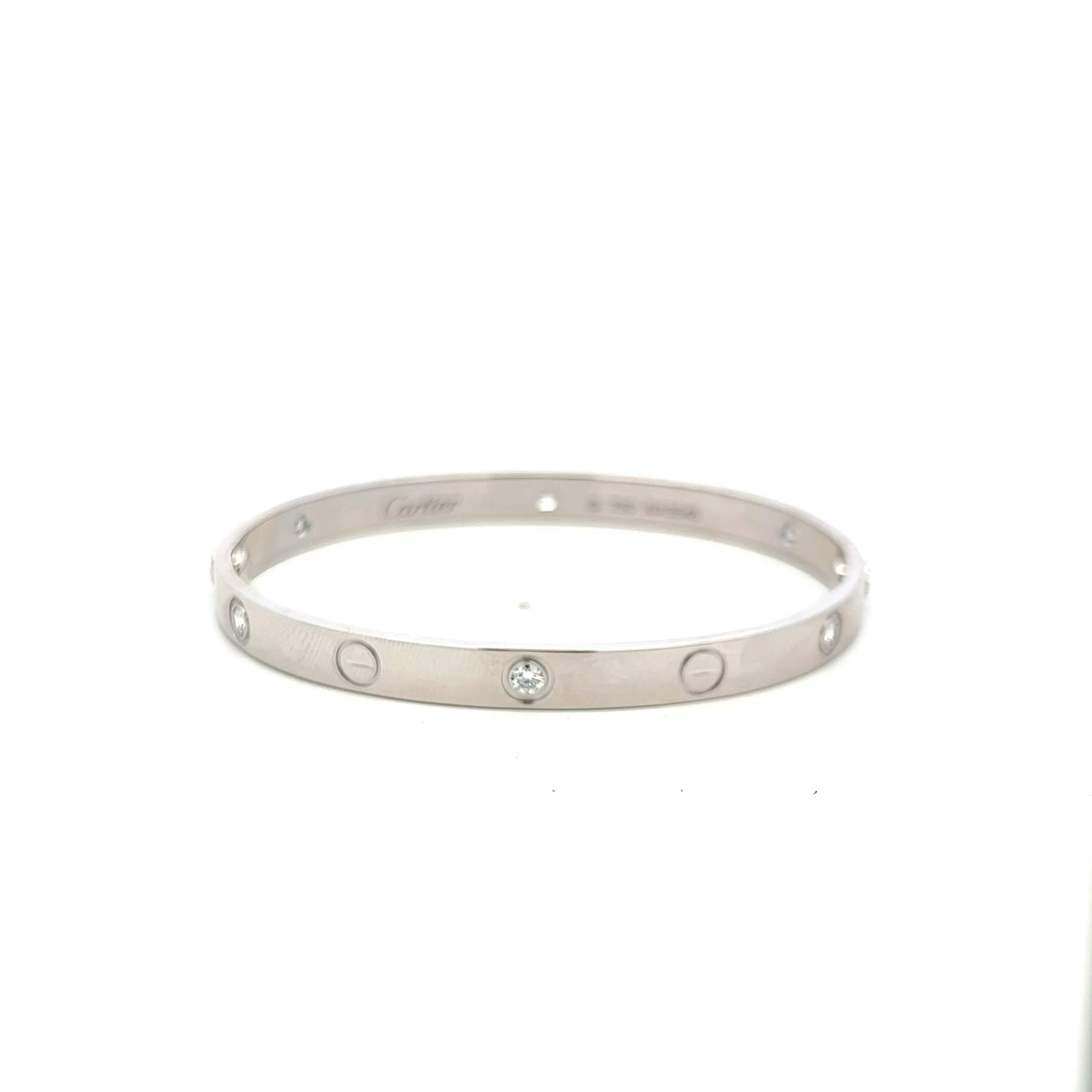 Women's Cartier 0.63 Carat Round Diamond 18K White Gold Love Bracelet Size 18