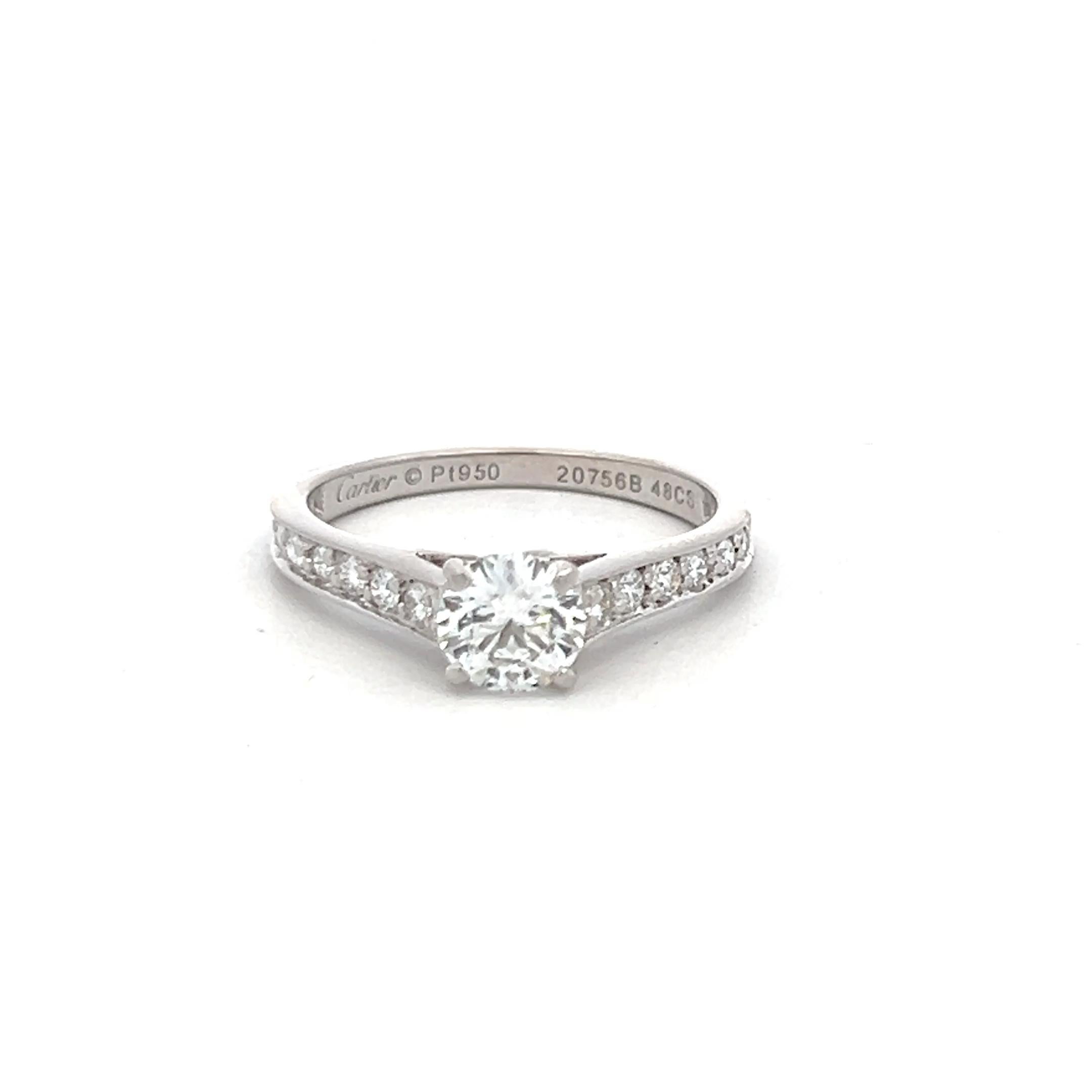 Women's Cartier 0.83 Carat Round Brilliant E VS1 Diamond Platinum Engagement Ring For Sale