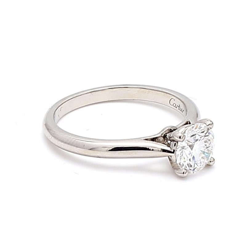 Brilliant Cut Cartier 0.90 Carat Round Brilliant Shape D-VVS2 Diamond Platinum Engagement Ring For Sale