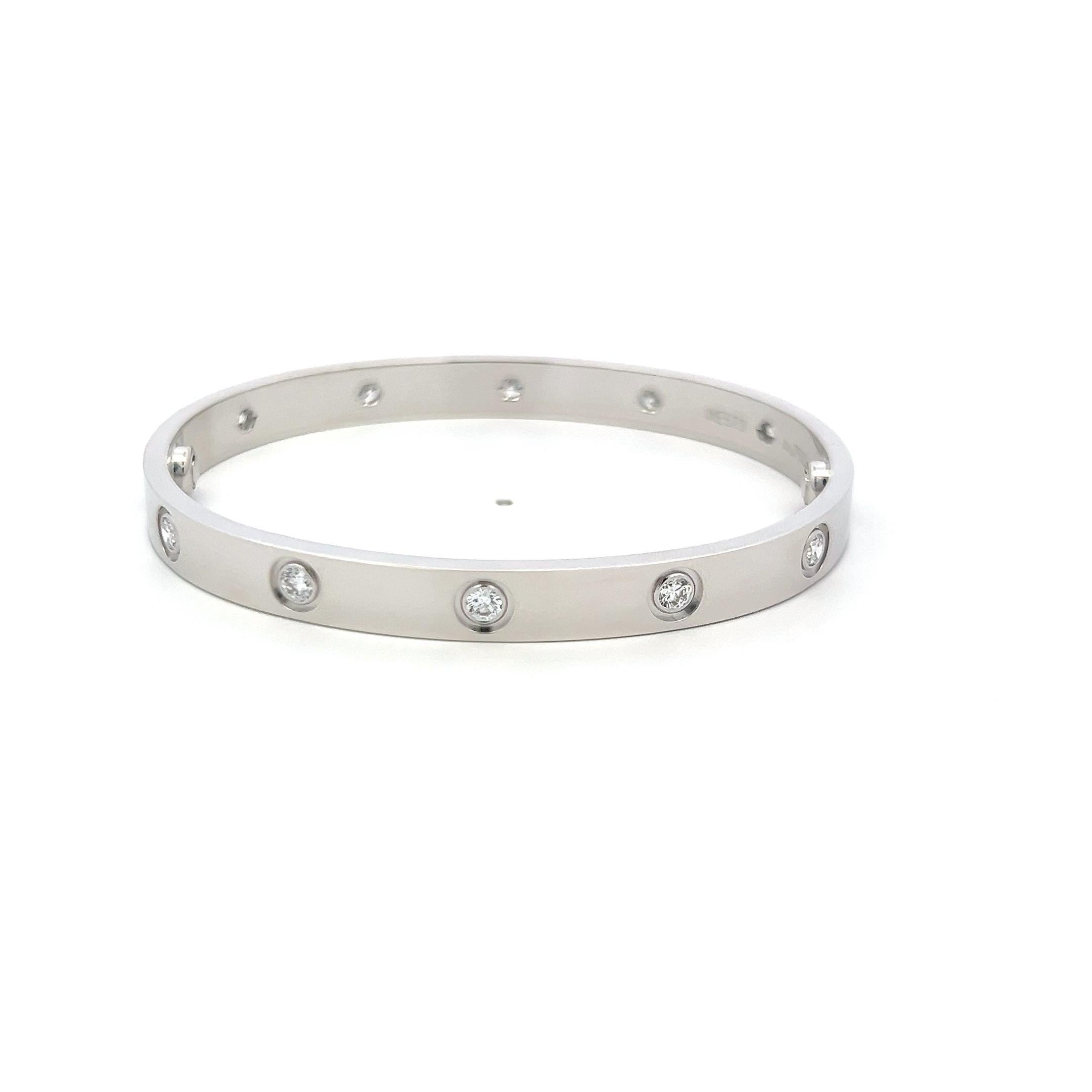 Round Cut Cartier 0.96 Carat Round Diamond 18K White Gold Love Bracelet Size 17 with Cert For Sale