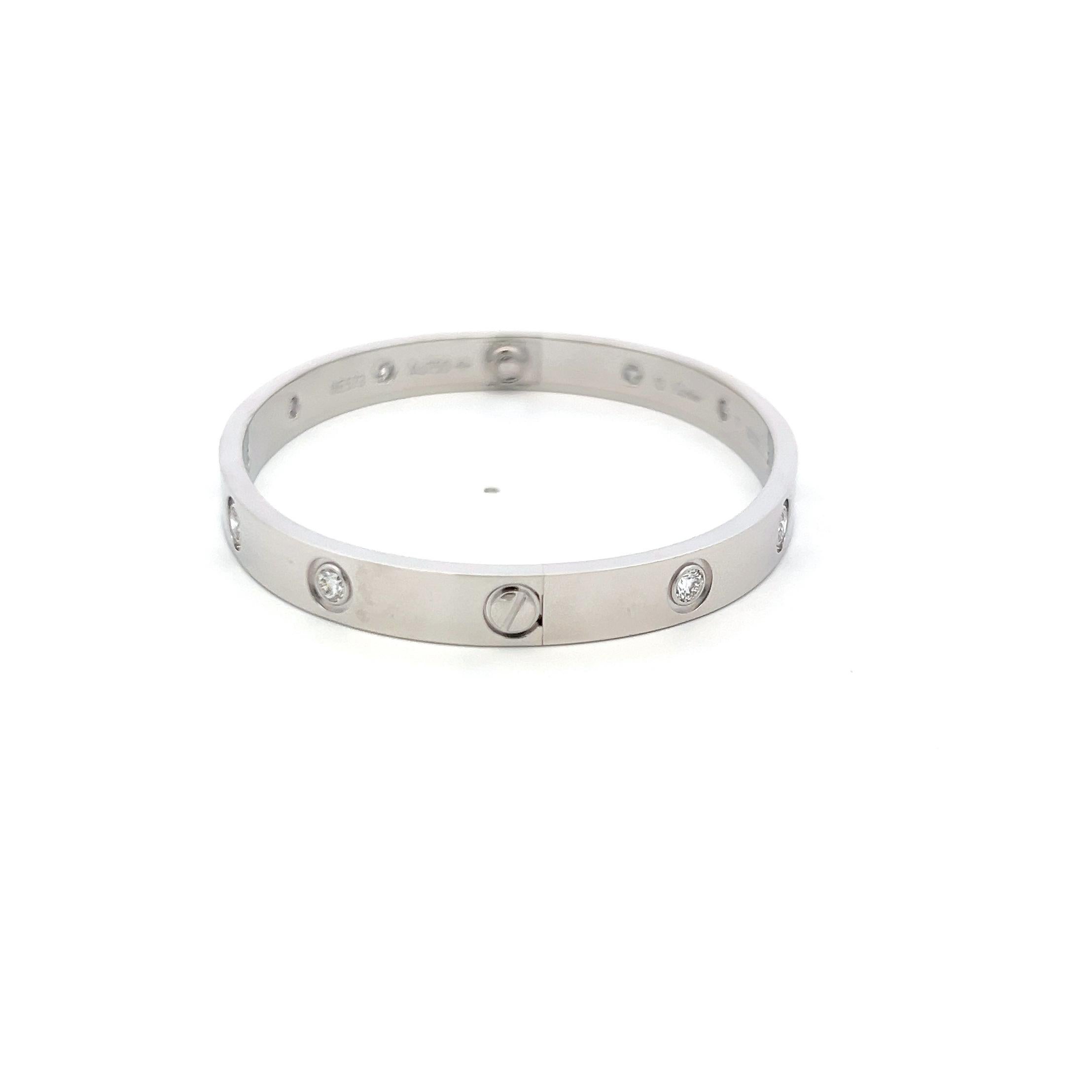 Cartier 0.96 Carat Round Diamond 18K White Gold Love Bracelet Size 17 with Cert In Good Condition For Sale In New York, NY