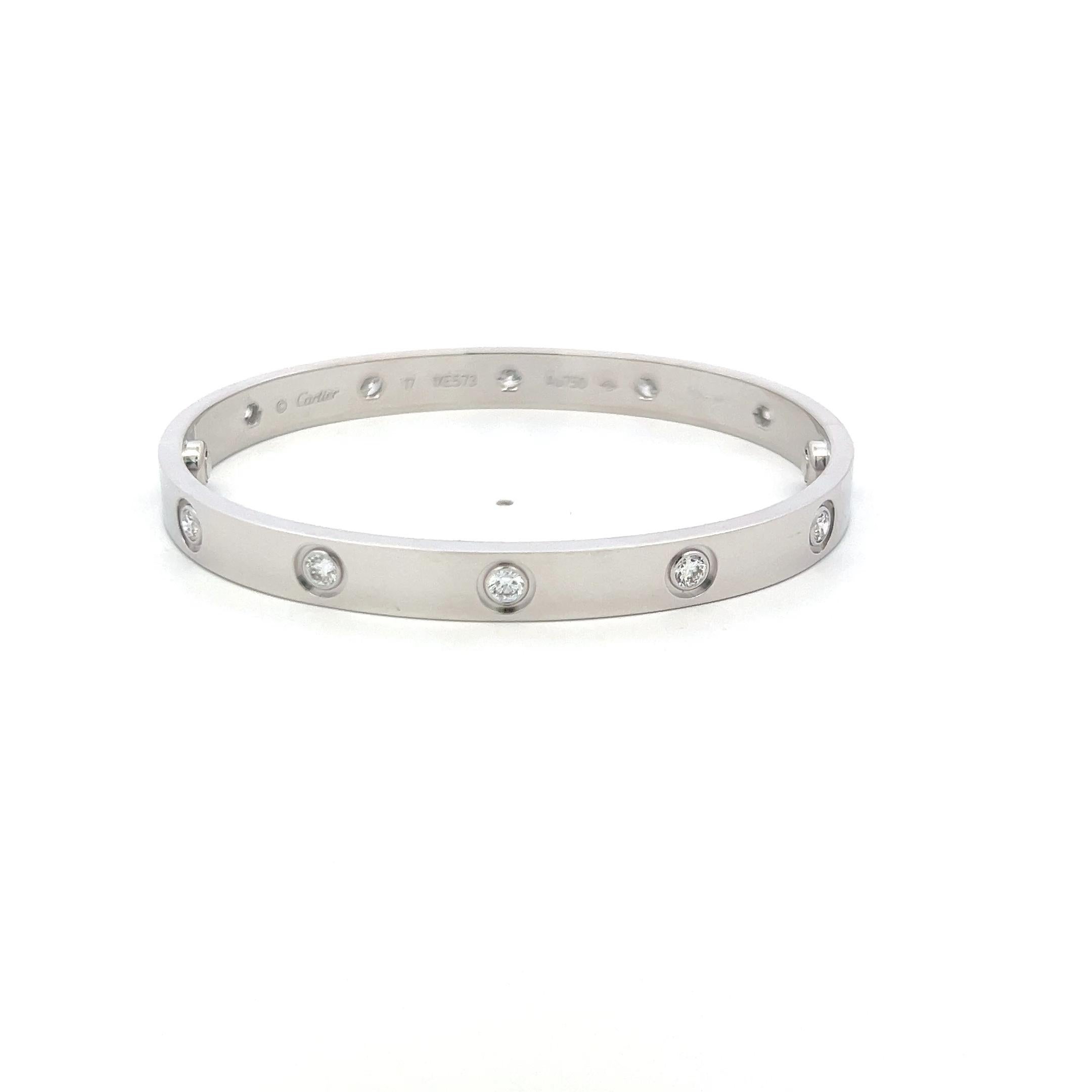 Women's Cartier 0.96 Carat Round Diamond 18K White Gold Love Bracelet Size 17 with Cert For Sale