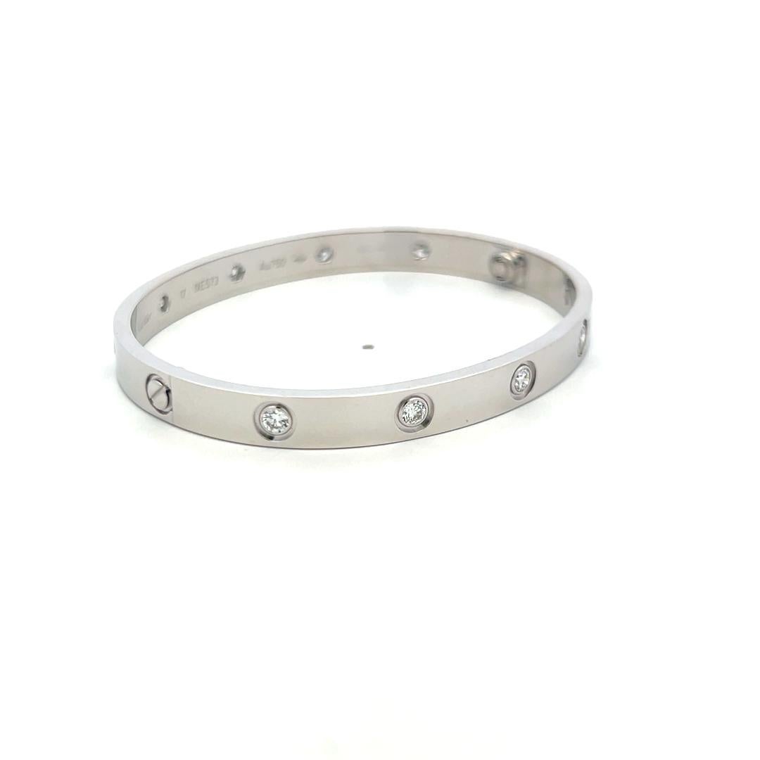 Cartier 0.96 Carat Round Diamond 18K White Gold Love Bracelet Size 17 with Cert For Sale 3