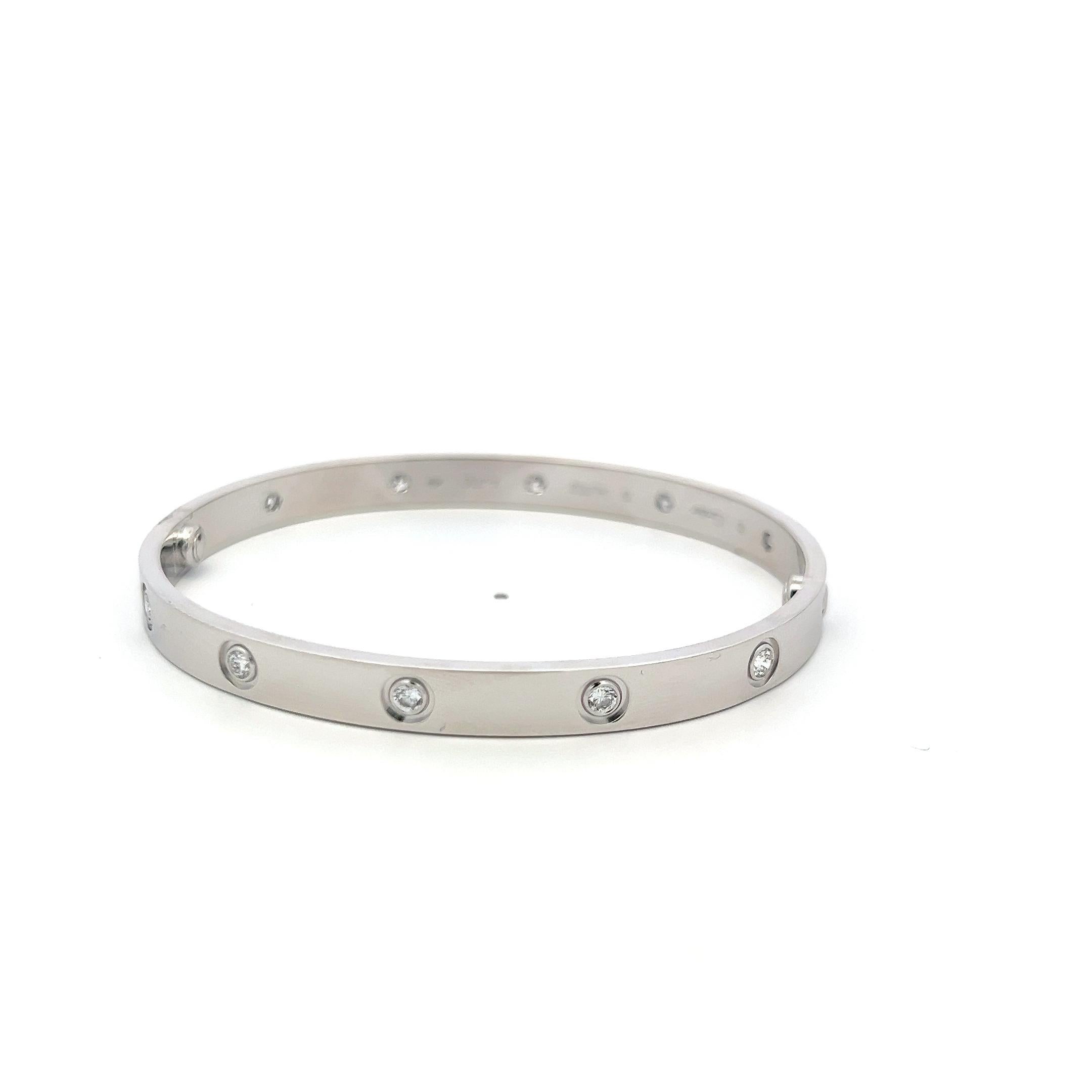 Round Cut Cartier 0.96 Carat Round Diamond 18K White Gold Love Bracelet Size 19 paper For Sale
