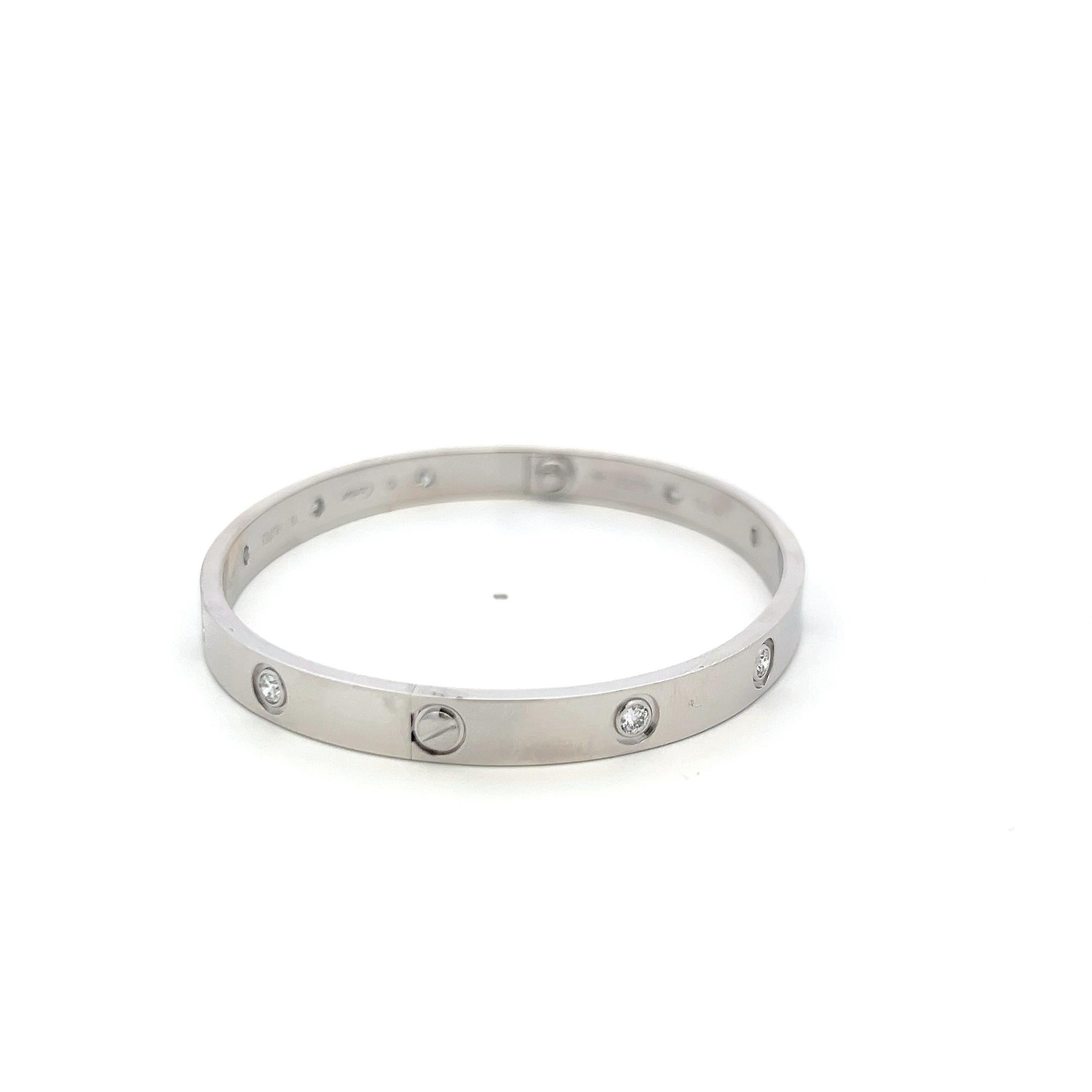 Cartier 0.96 Carat Round Diamond 18K White Gold Love Bracelet Size 19 paper In Good Condition For Sale In New York, NY