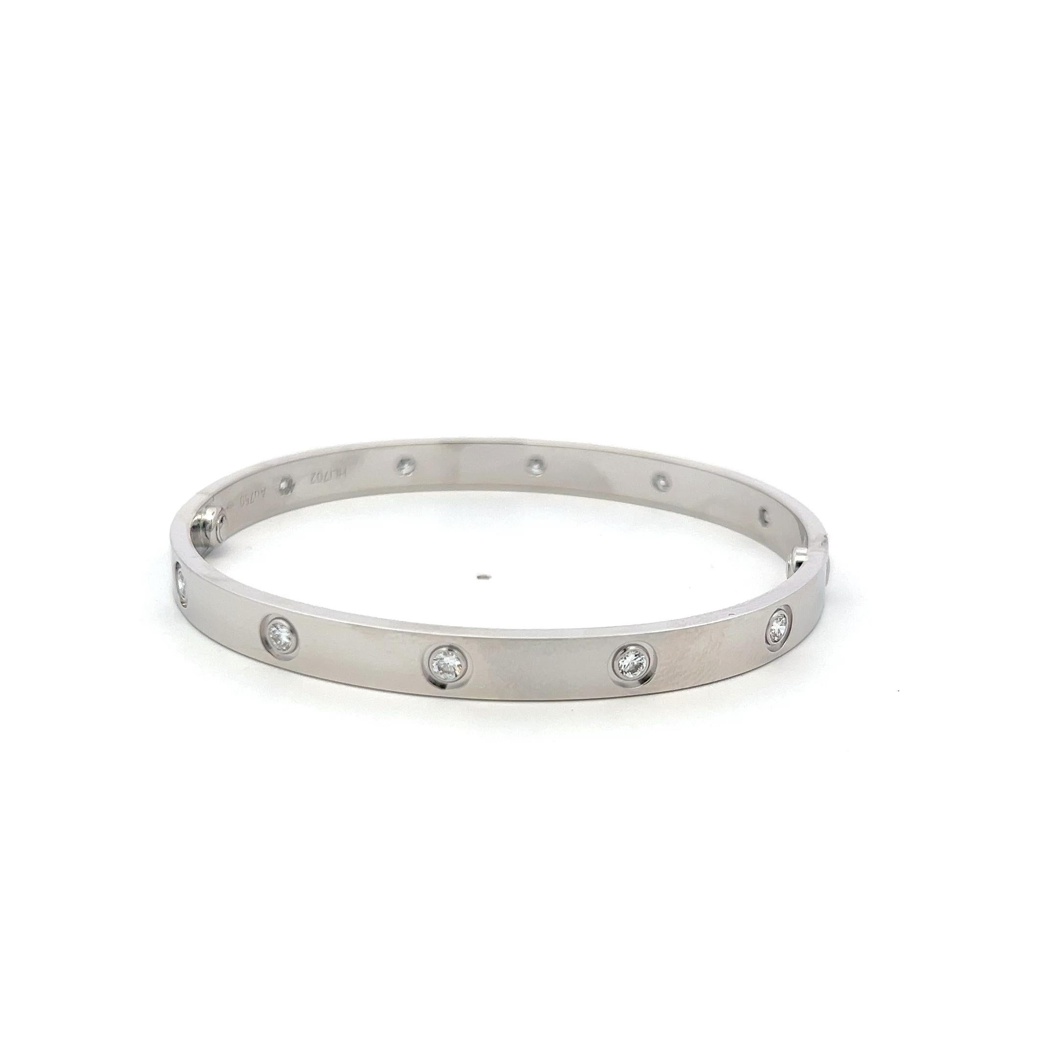 Women's Cartier 0.96 Carat Round Diamond 18K White Gold Love Bracelet Size 19 paper For Sale