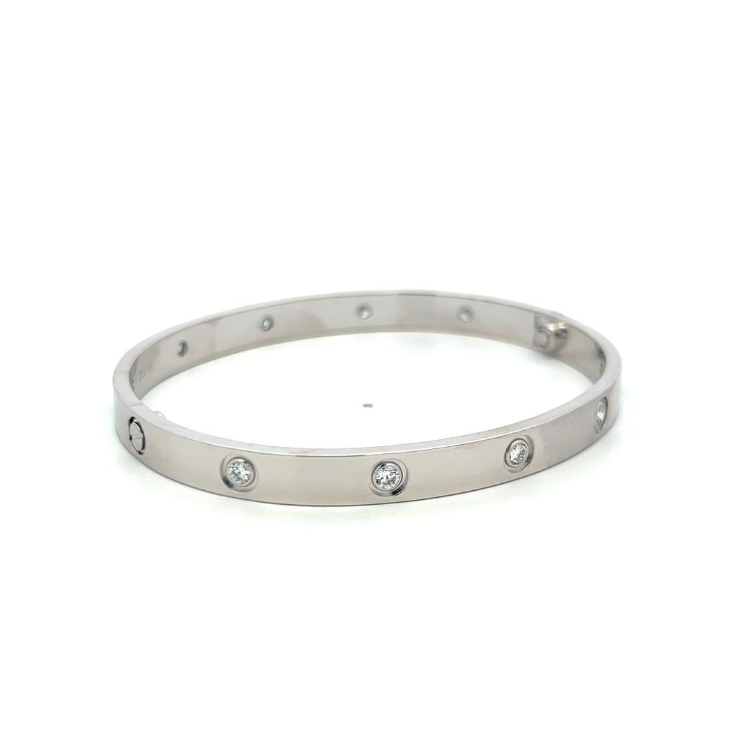 Cartier 0.96 Carat Round Diamond 18K White Gold Love Bracelet Size 19 paper For Sale 2
