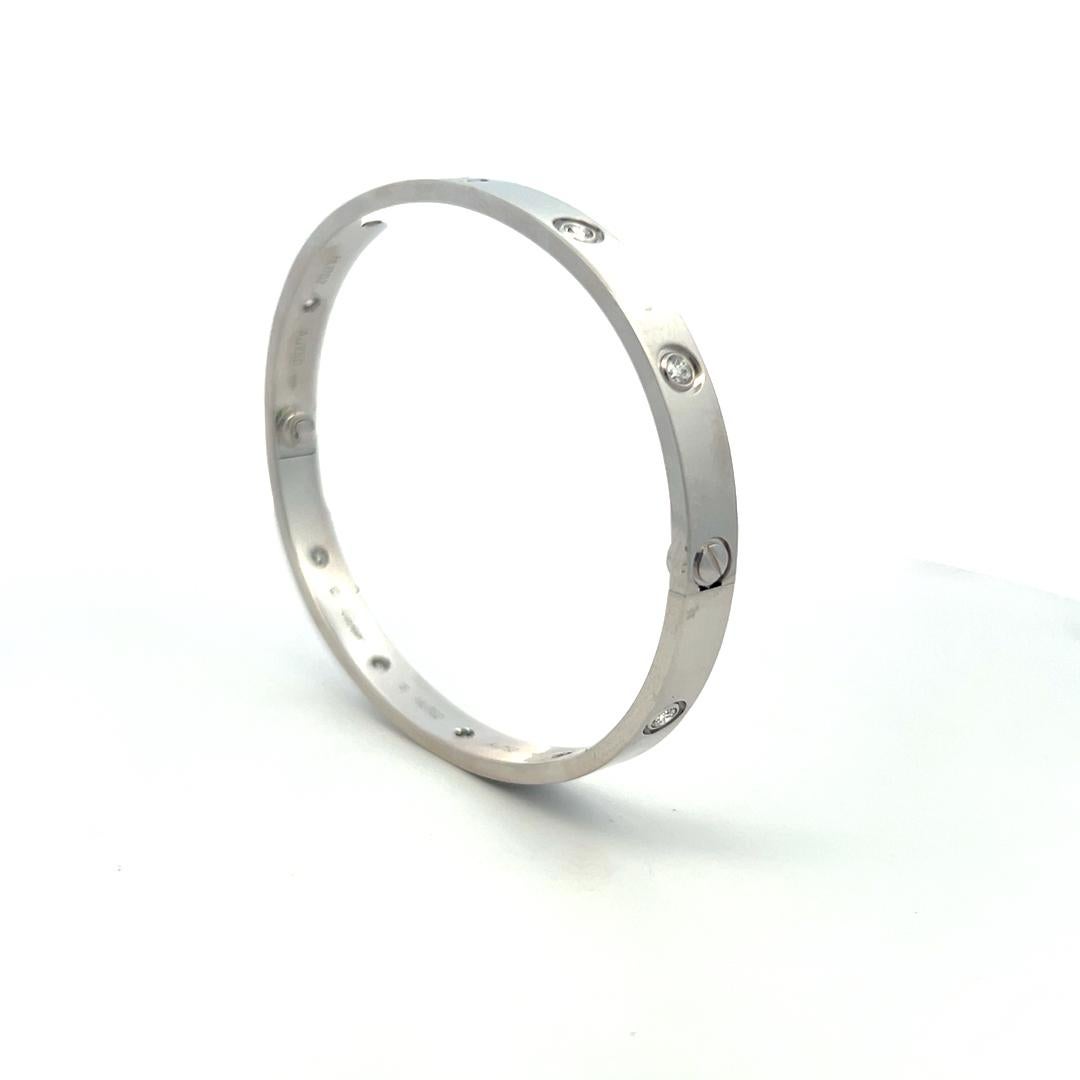 Cartier 0.96 Carat Round Diamond 18K White Gold Love Bracelet Size 19 paper For Sale 4