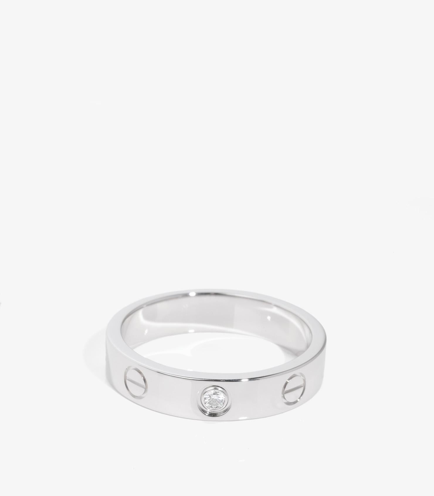 Cartier 1 Diamond 18ct White Gold Love Wedding Band Ring

Brand- Cartier
Model- 1 Diamond Love Wedding Band
Product Type- Ring
Serial Number- OX****
Age- Circa 2011
Accompanied By- Cartier Certificate
Material(s)- 18ct White Gold
Gemstone-