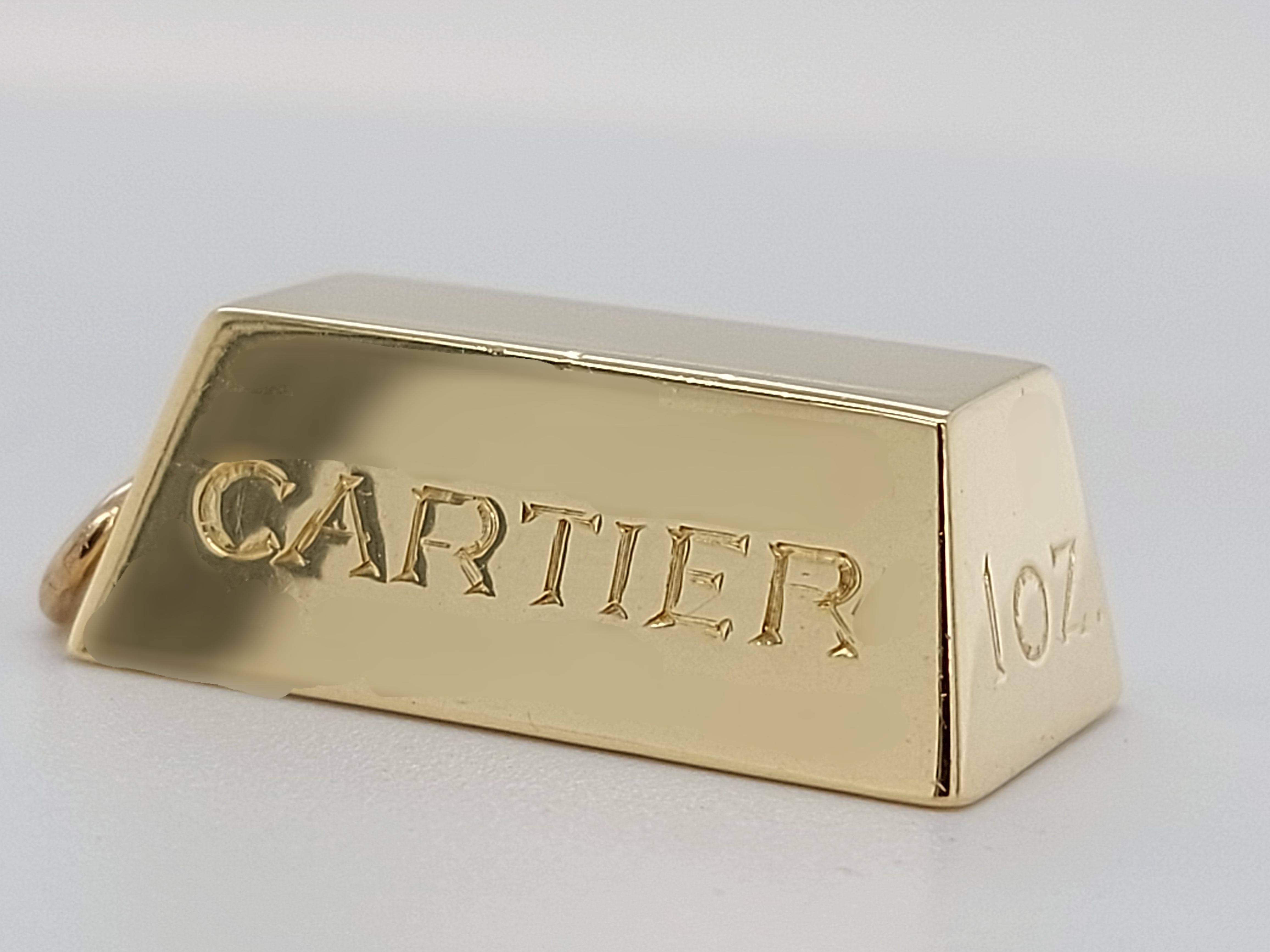 Cartier 1 oz Ingot Brick Bar Solid 18k Yellow Gold Charm or Pendant from 70 s

This authentic vintage Cartier pendant is finely crafted from solid 18k yellow gold. It features the classic solid gold ingot bar pendant or charm, it is inscribed with