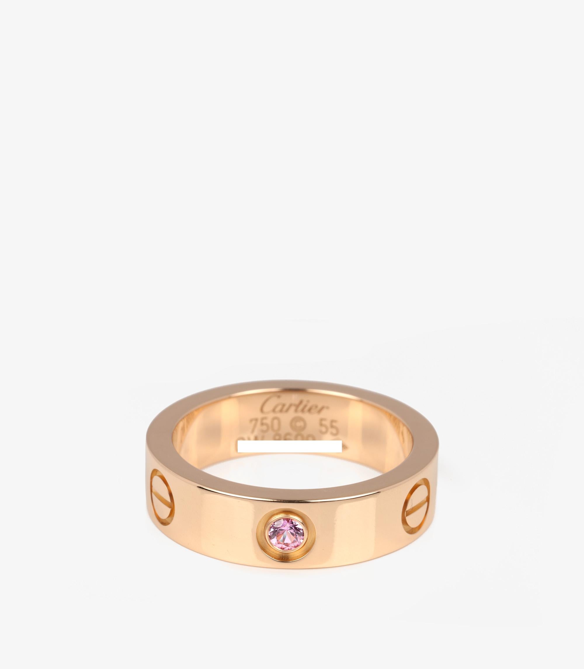Cartier 1 Pink Sapphire 18ct Rose Gold Love Band Ring

Brand- Cartier
Model- 1 Sapphire Love Band Ring
Product Type- Ring
Serial Number- OW****
Age- Circa 2009
Accompanied By- Cartier Box, Certificate
Material(s)- 18ct Rose Gold
Gemstone-