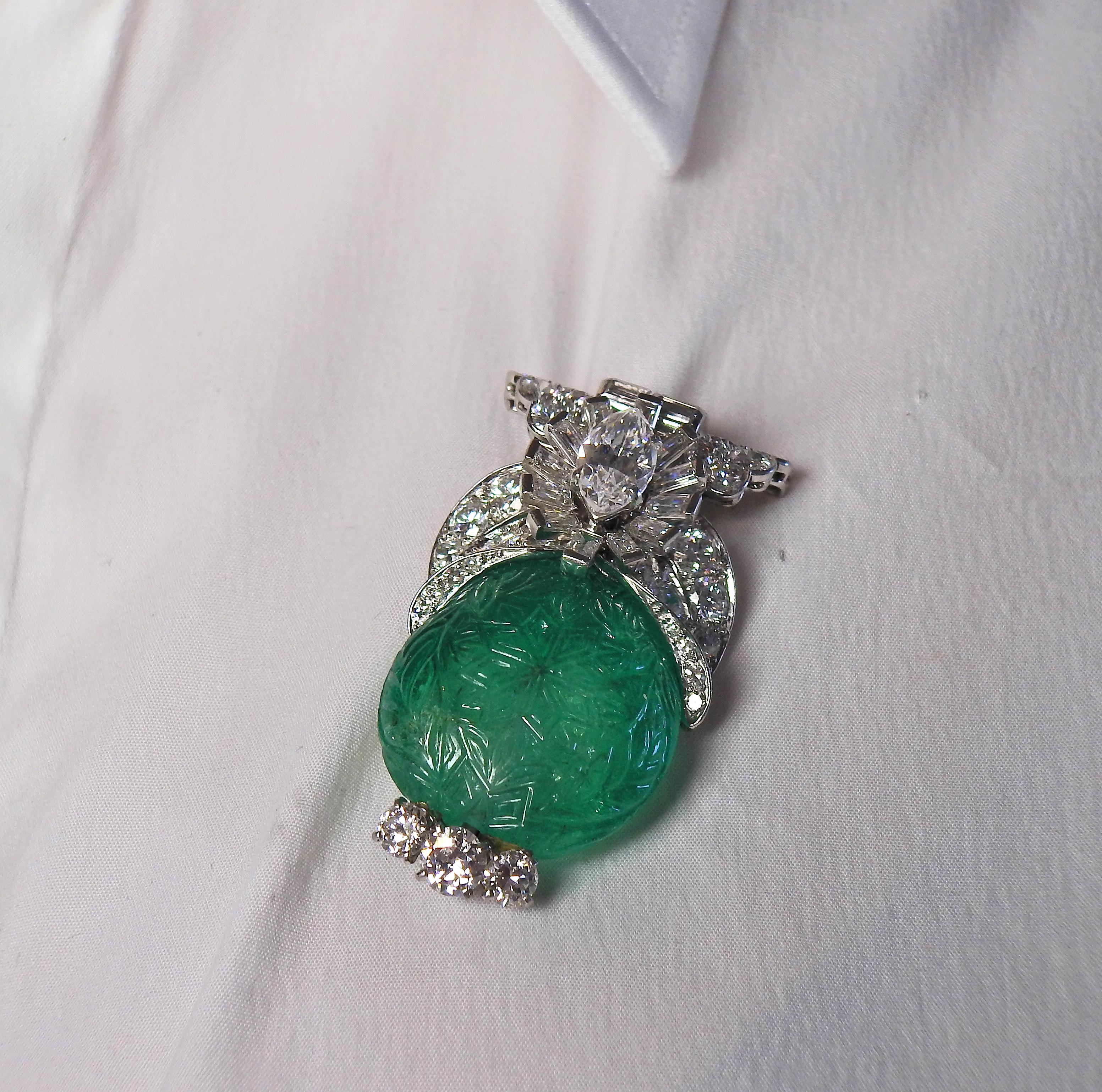 Marquise Cut Cartier approximately 65 Carat Carved Colombian Emerald Diamond Platinum Brooch