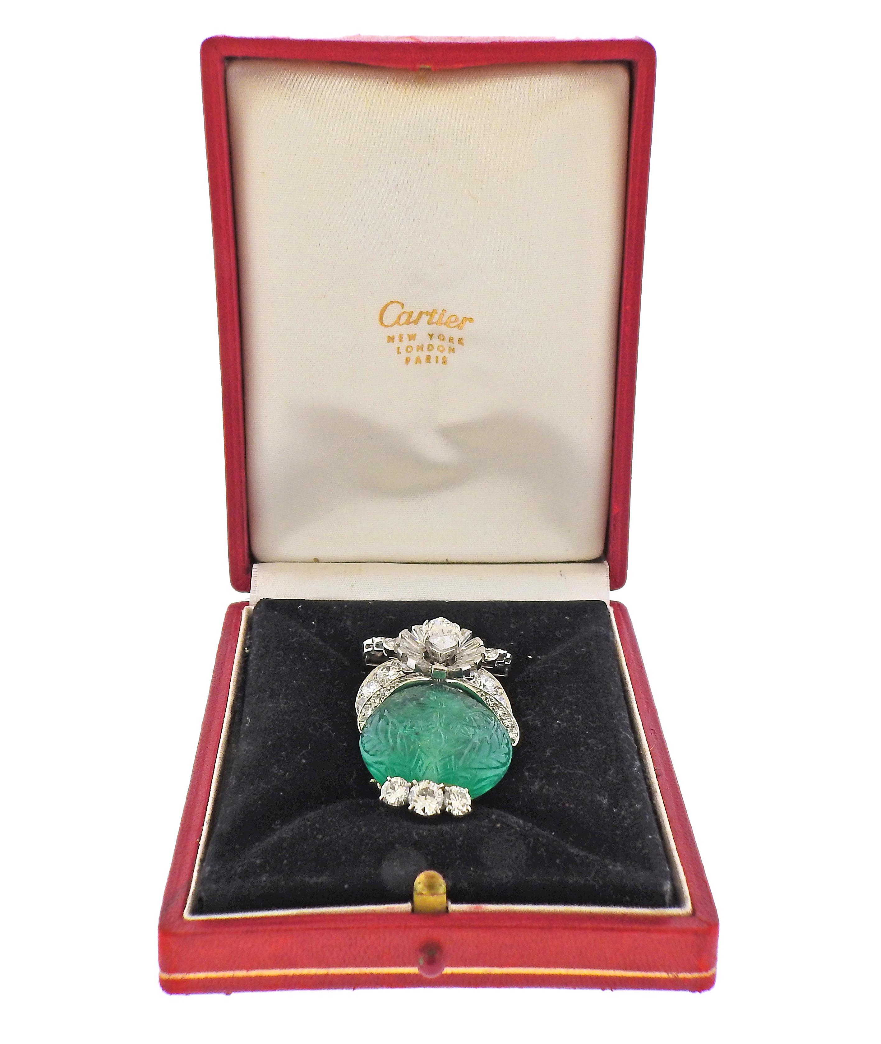 Cartier approximately 65 Carat Carved Colombian Emerald Diamond Platinum Brooch In Excellent Condition In New York, NY