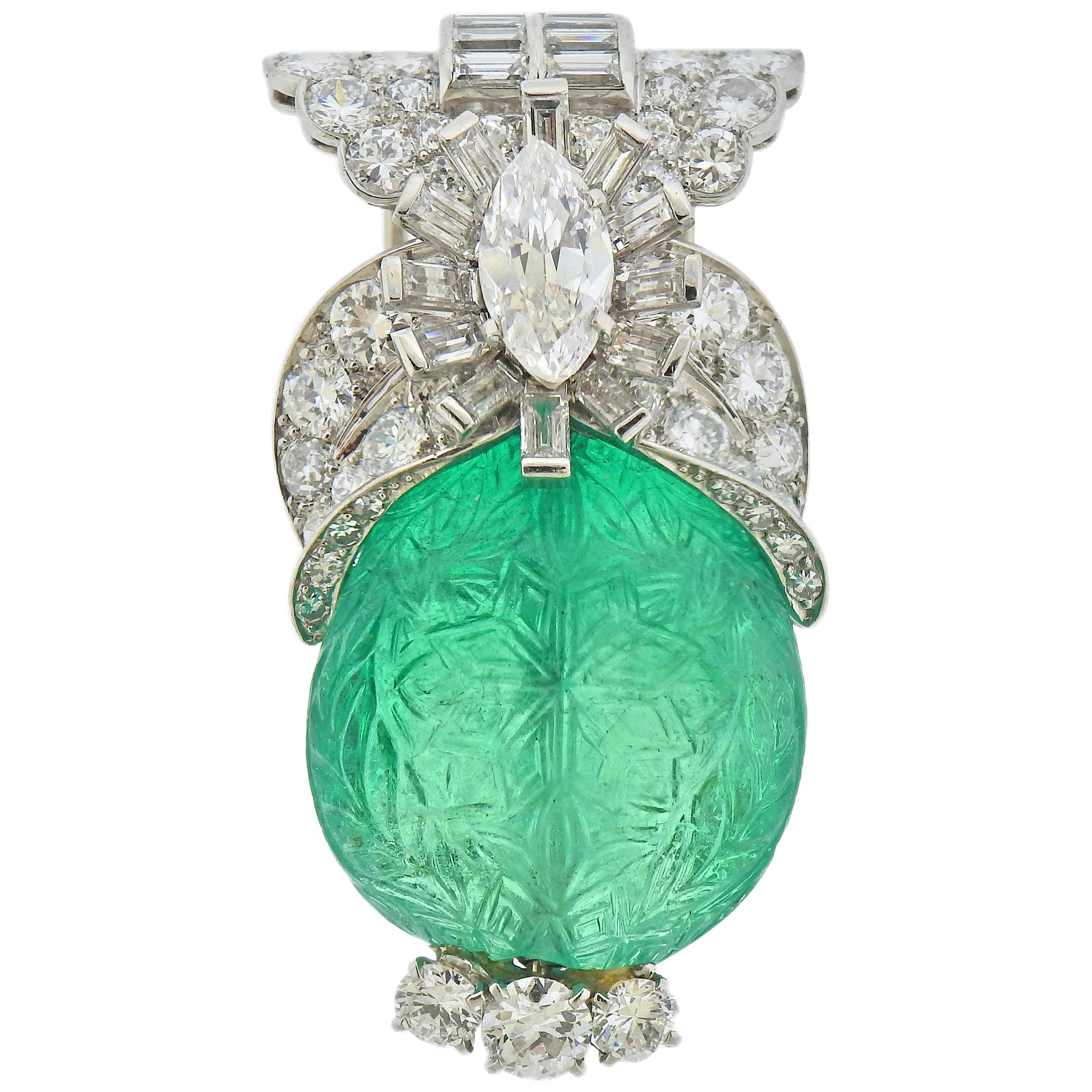 Cartier approximately 65 Carat Carved Colombian Emerald Diamond Platinum Brooch