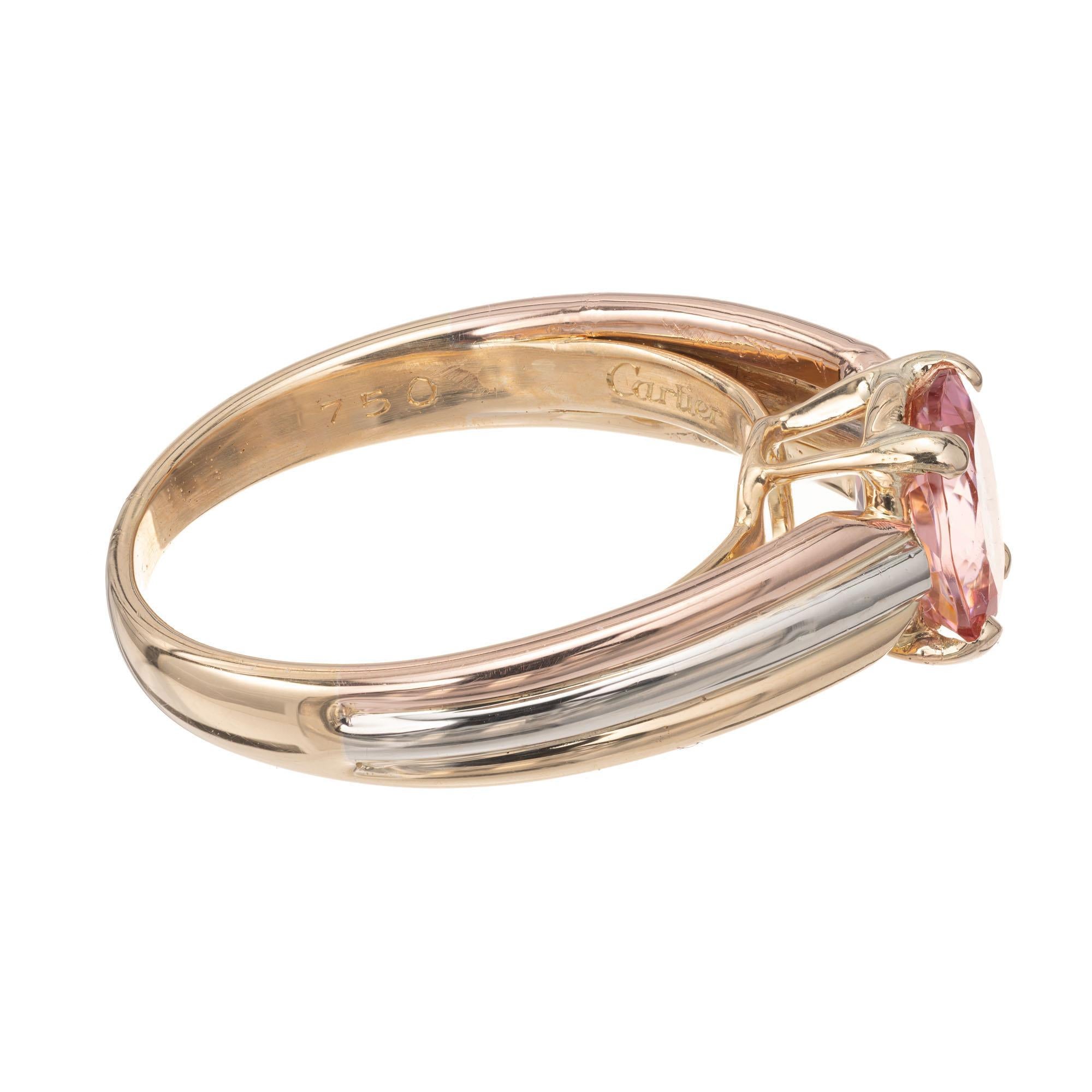 Cartier 1.00 Carat Pink Tourmaline Tri-Color Gold Engagement Ring In Excellent Condition In Stamford, CT