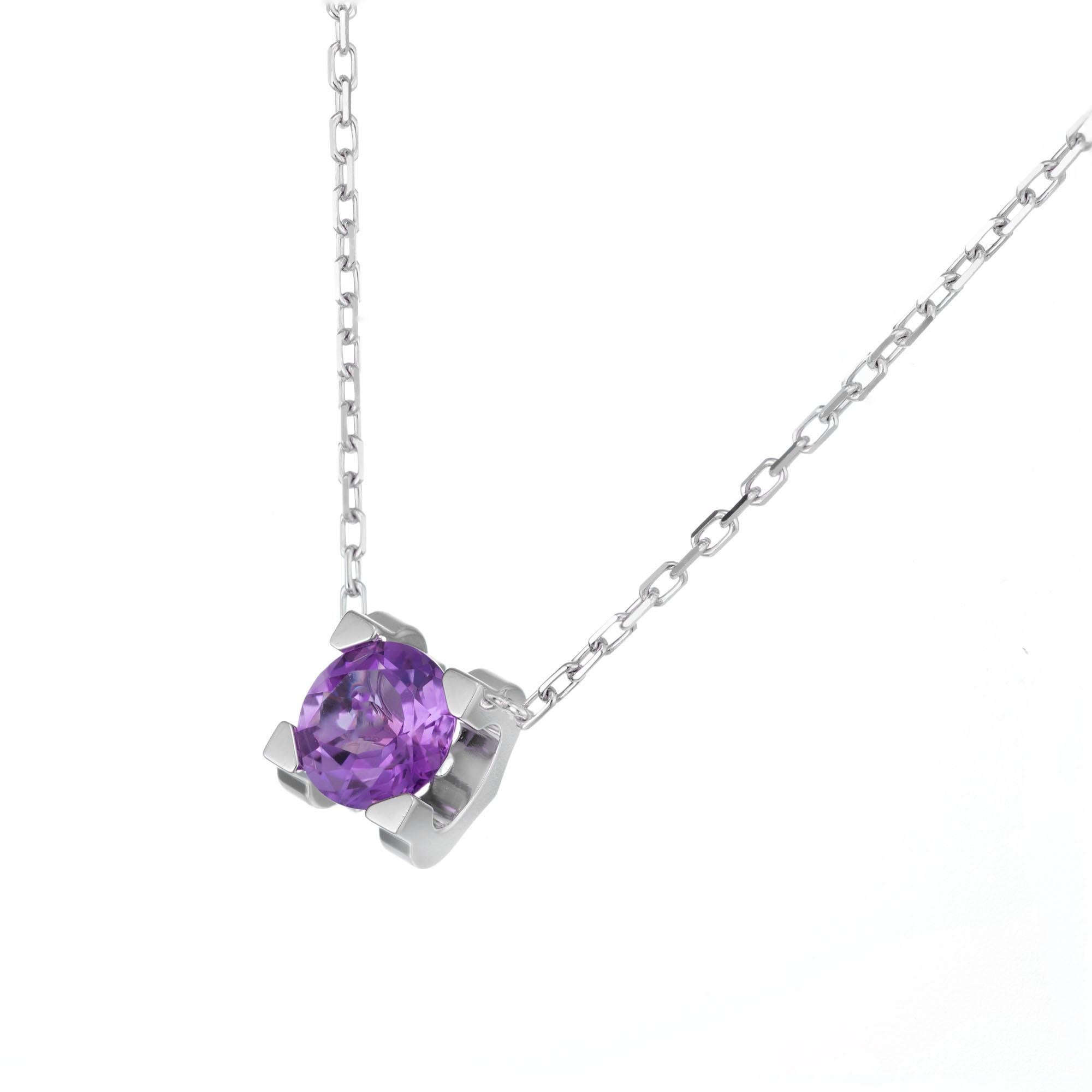 Cartier 18k white gold amethyst pendant necklace from the C de Cartier collection. A round brilliant cut Amethyst with a bright purple hue set in a claw C motif on a 16 Inch link chain with a lobster clasp. 

1 round brilliant cut purple Amethyst,