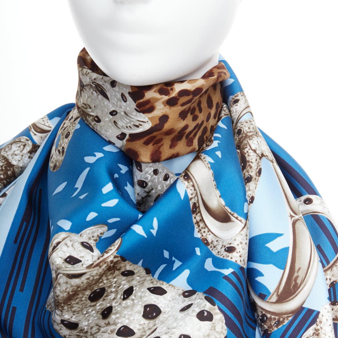 CARTIER 100% silk blue grey panther leopard ring print square scarf For Sale 2