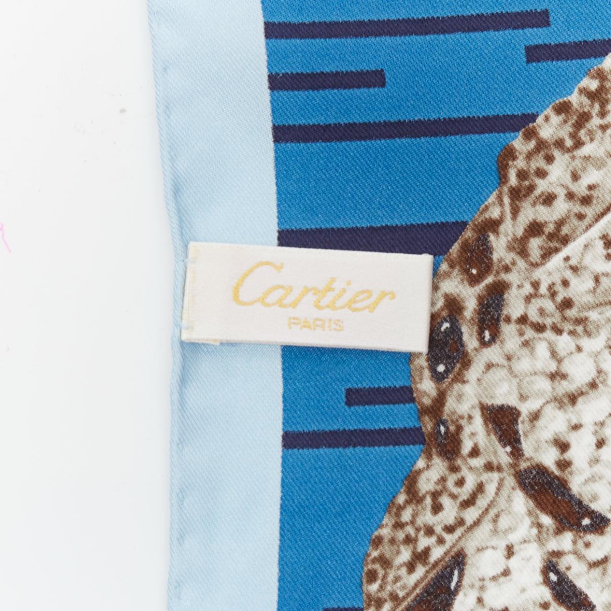 CARTIER 100% silk blue grey panther leopard ring print square scarf For Sale 3