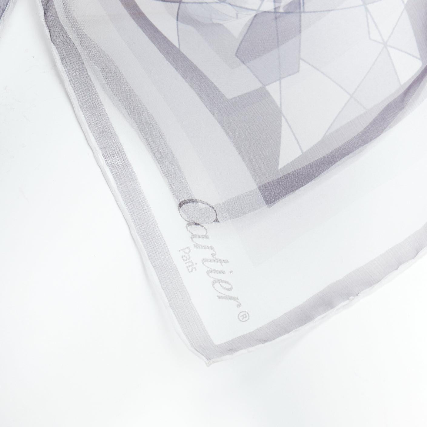 CARTIER 100% silk grey sheer diamond cuts print square scarf
Reference: SNKO/A00494
Brand: Cartier
Material: Silk
Color: Grey
Pattern: Abstract
Extra Details: Diamond cuts print.
Made in: Italy

CONDITION:
Condition: Excellent, this item was