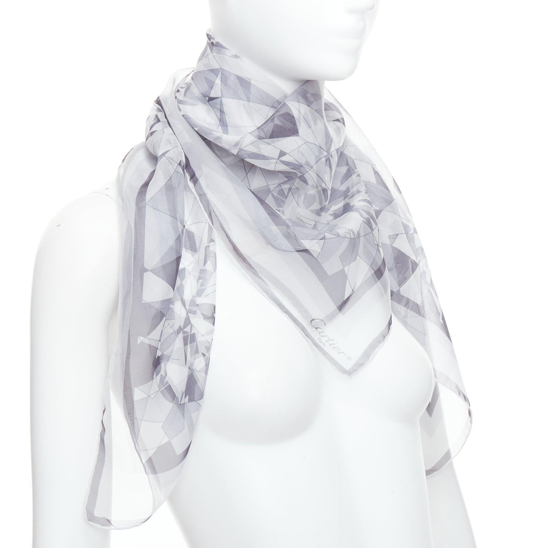 Gray CARTIER 100% silk grey sheer diamond cuts print square scarf For Sale