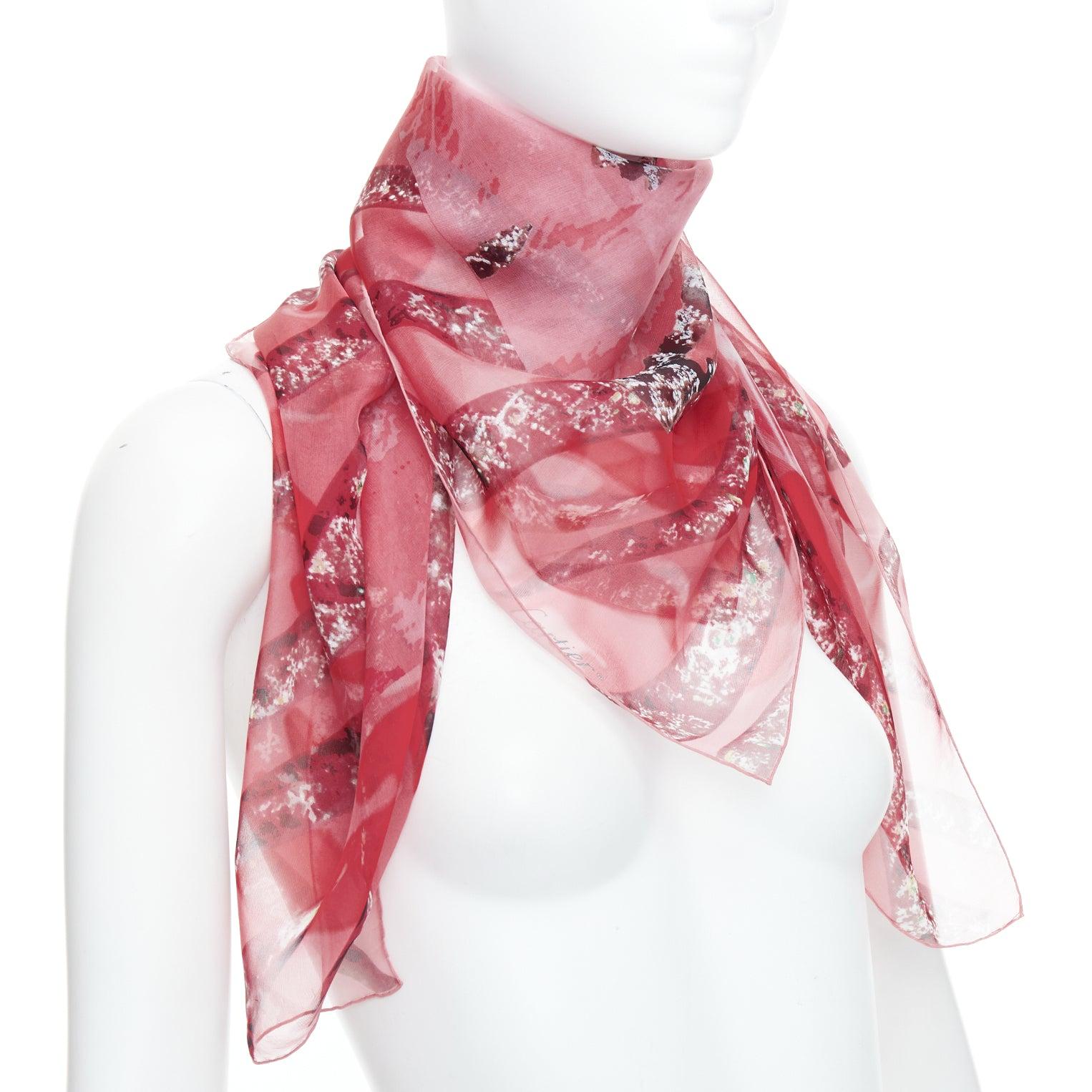 Brown CARTIER 100% silk red brown sheer panther head print square scarf For Sale