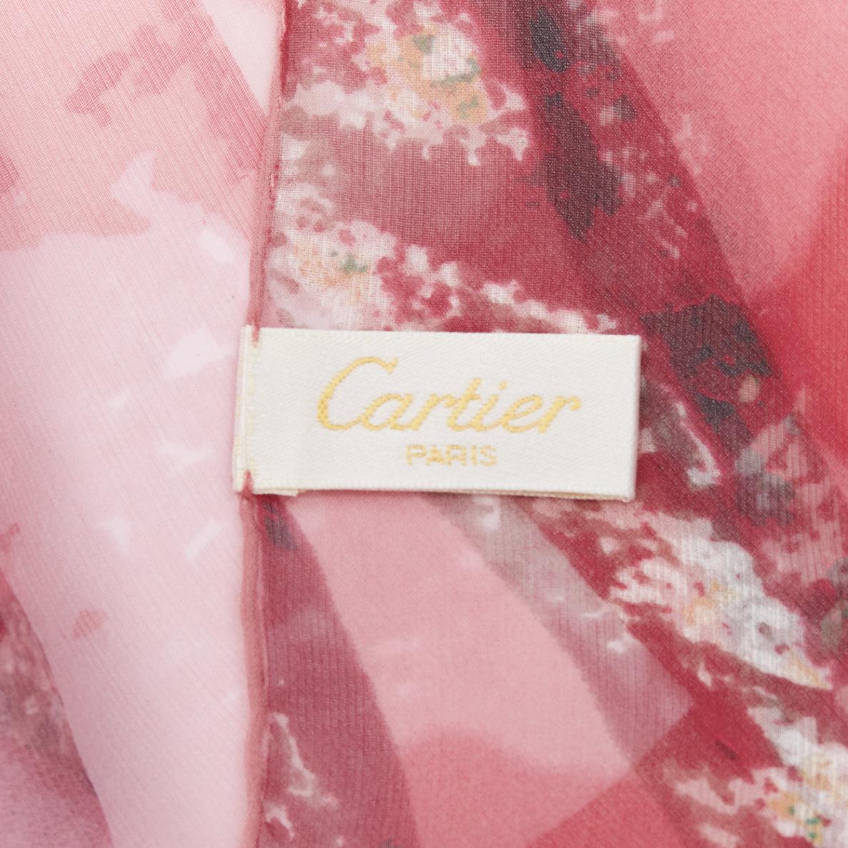 CARTIER 100% silk red brown sheer panther head print square scarf For Sale 3