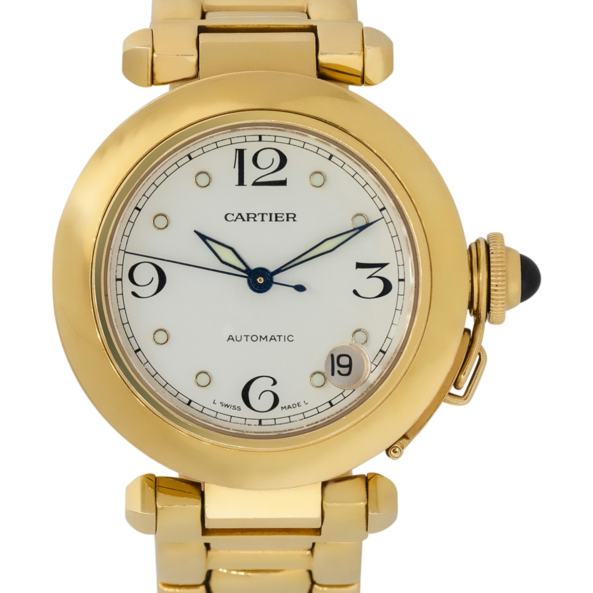 Brand: Cartier
MPN: 1035
Model: Pasha De Cartier
Case Material: 18k Yellow Gold
Case Diameter: 35mm
Crystal: Sapphire crystal
Bezel: 18k Yellow Gold
Dial: White dial with blue hands and date window between the 3 and 6 o'clock position
Bracelet: 18k