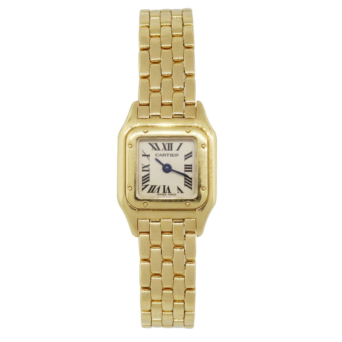 Brand: Cartier
MPN: 1130
Model: Mini Panthère
Case Material: 18k yellow gold
Case Diameter: 17mm
Crystal: Sapphire crystal
Bezel: 18k yellow gold smooth bezel
Dial: White roman dial
Bracelet: 18k yellow gold
Size: Will fit up to a 5.50″”