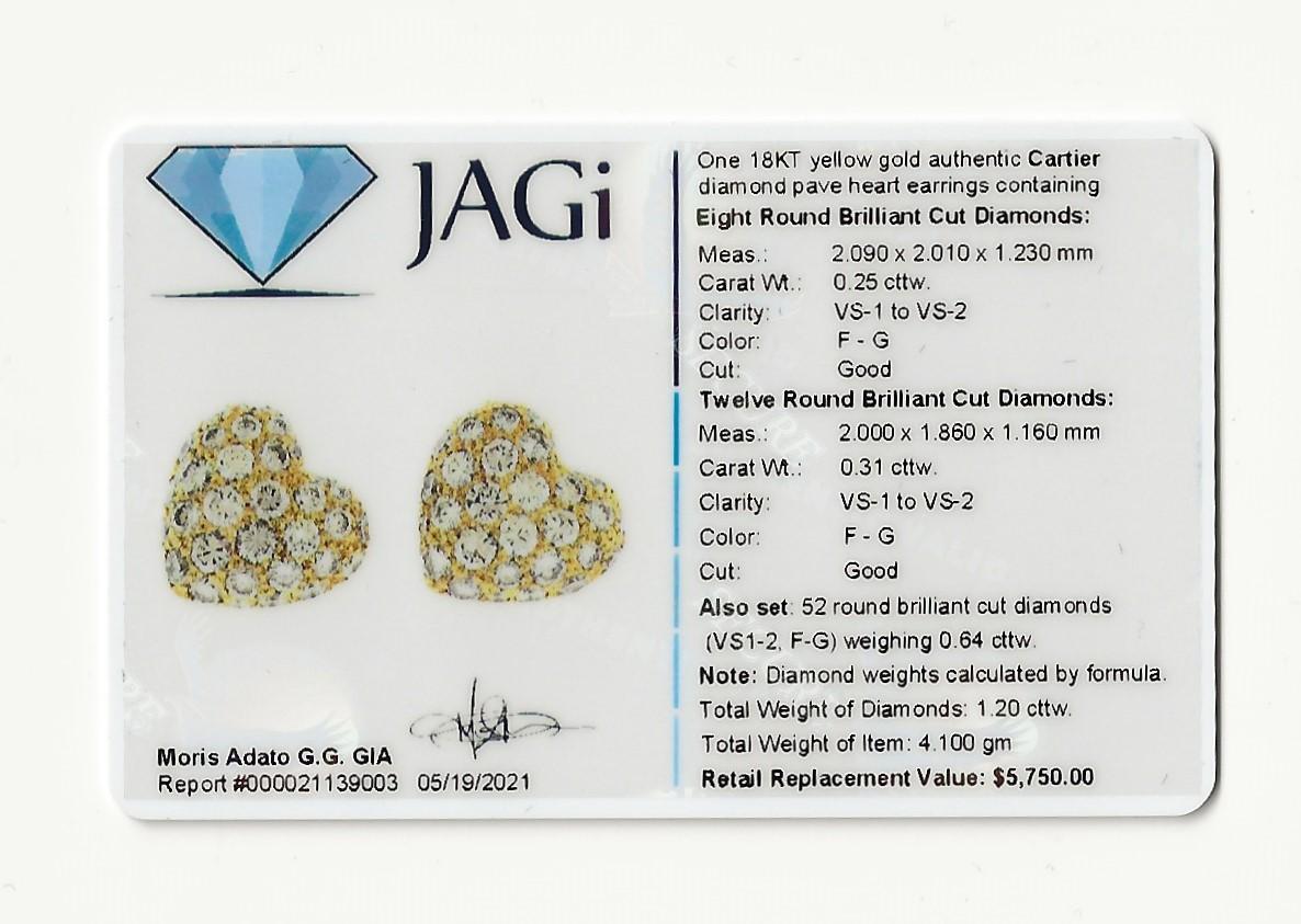 Cartier 1.20 Carat Total Diamond Pave Heart Stud Earrings in 18 Karat Gold For Sale 1