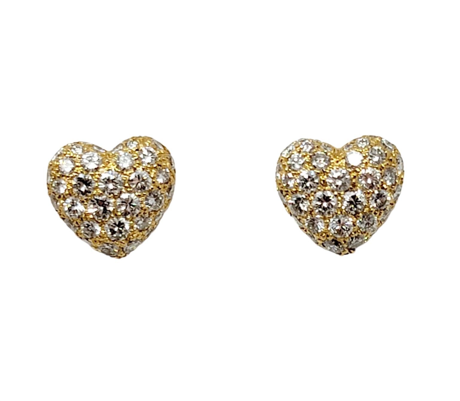 Round Cut Cartier 1.20 Carat Total Diamond Pave Heart Stud Earrings in 18 Karat Gold For Sale