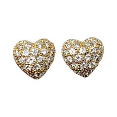 Vintage Cartier 1.20 Carat Total Diamond Pave Heart Stud Earrings in 18 Karat Gold
