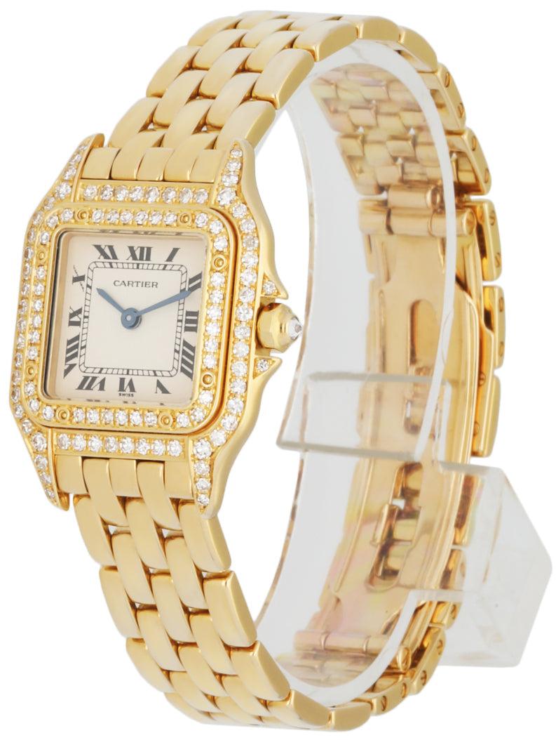 
Cartier Panthere 1280/2 ladies watch. 22mm 18K yellow gold & factory diamond set case with 18K yellow gold & factory diamond set bezel. Off-white dial with blue hands and black Roman numeral hour marker. Minute markers on the inner dial. 18K