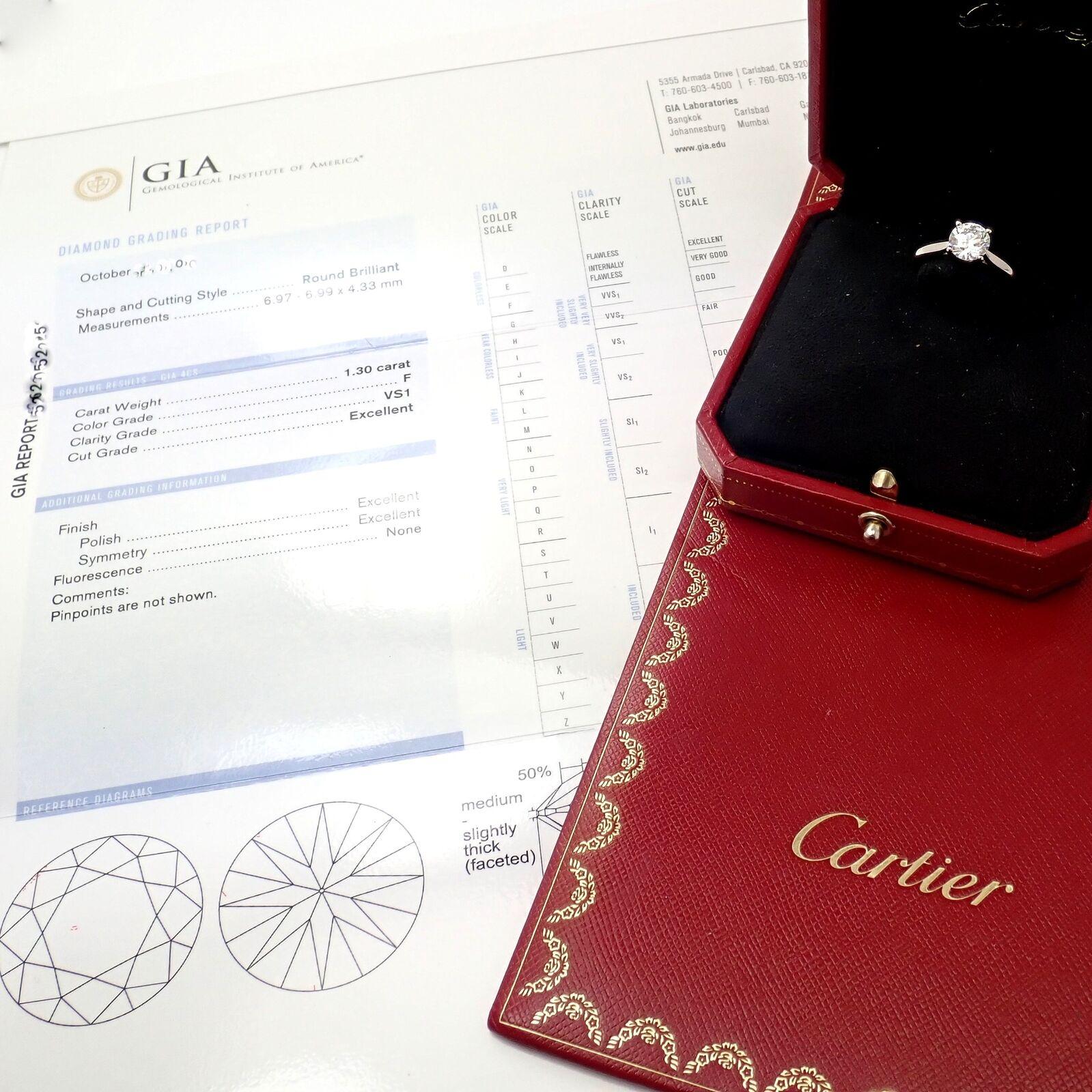 Cartier 1.30ct VS1 F Color Diamond Solitaire Engagement Platinum Ring For Sale 1
