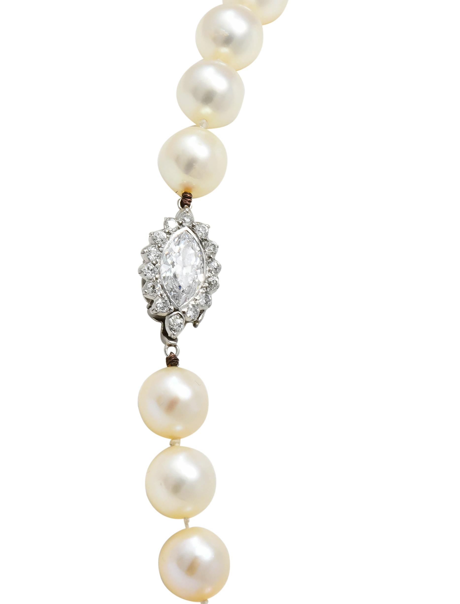 Marquise Cut Cartier 1.31 Carat Diamond Cultured Pearl Platinum Knotted Strand Necklace GIA