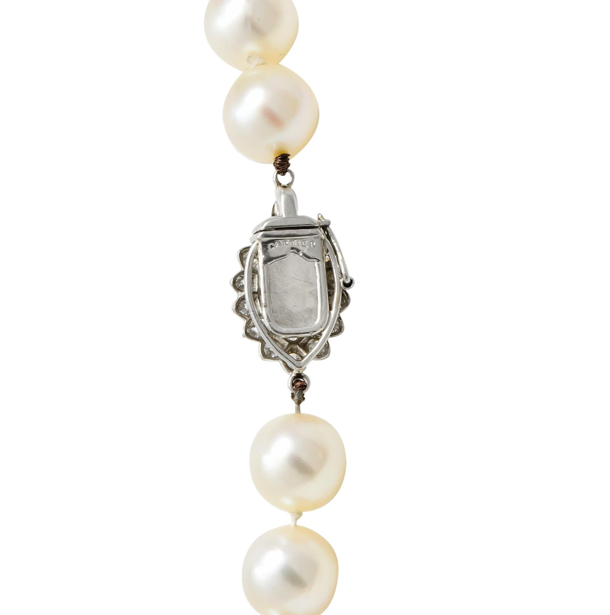 Women's or Men's Cartier 1.31 Carat Diamond Cultured Pearl Platinum Knotted Strand Necklace GIA