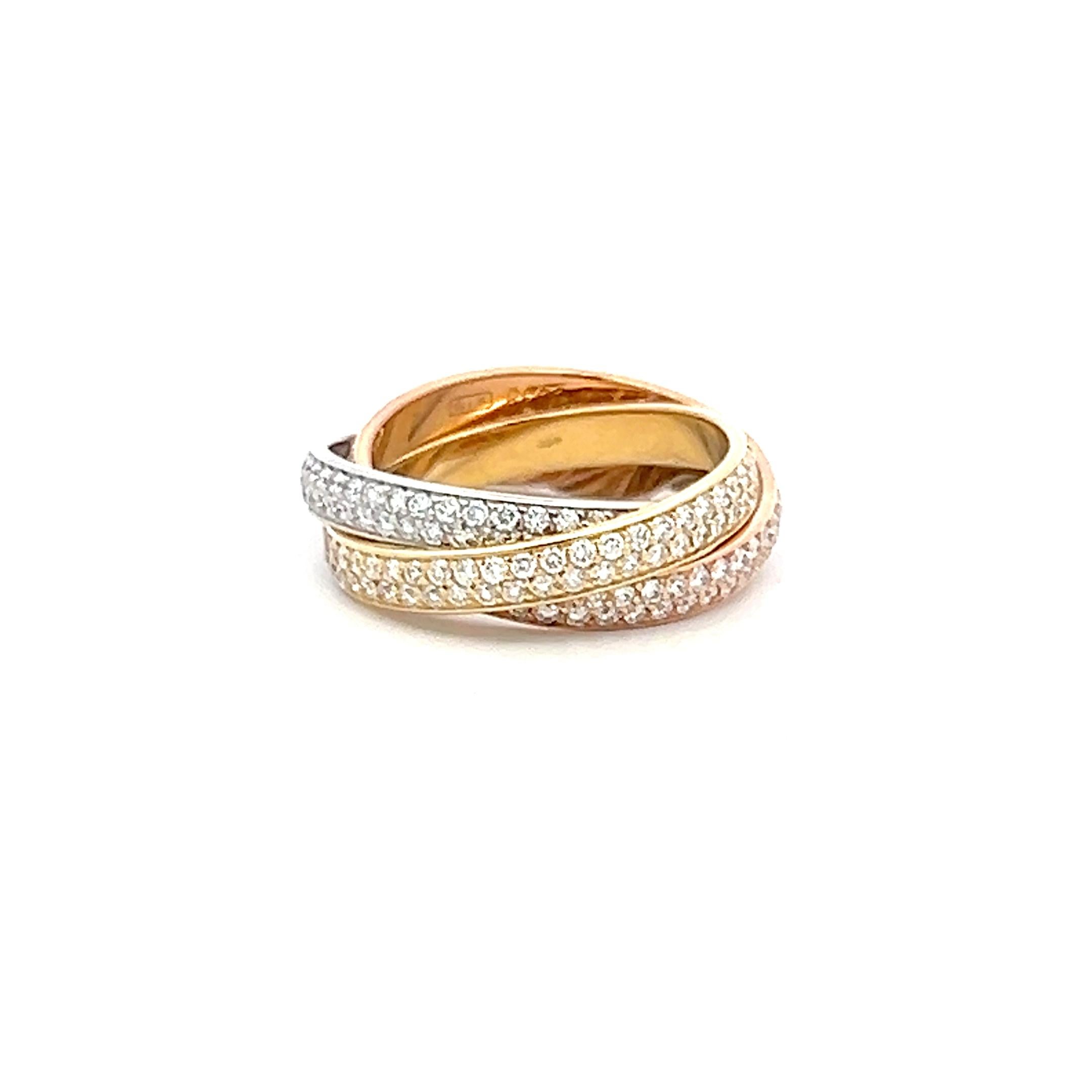 Cartier 1,38 Quilates Diamante Brillante Redondo Anillo Trinidad Oro Tricolor 18 Kilates en Bueno Estado en New York, NY