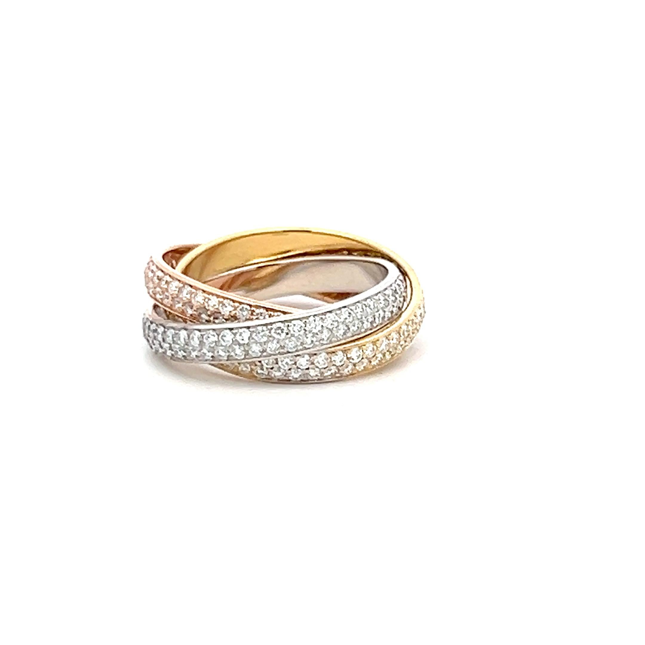 Women's Cartier 1.38 Carat Round Brilliant Diamond 18 Karat Tri Color Gold Trinity Ring For Sale