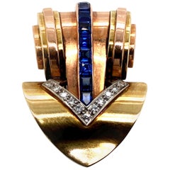 Cartier 14 Karat Two-Tone Gold Sapphire and Diamond Clip