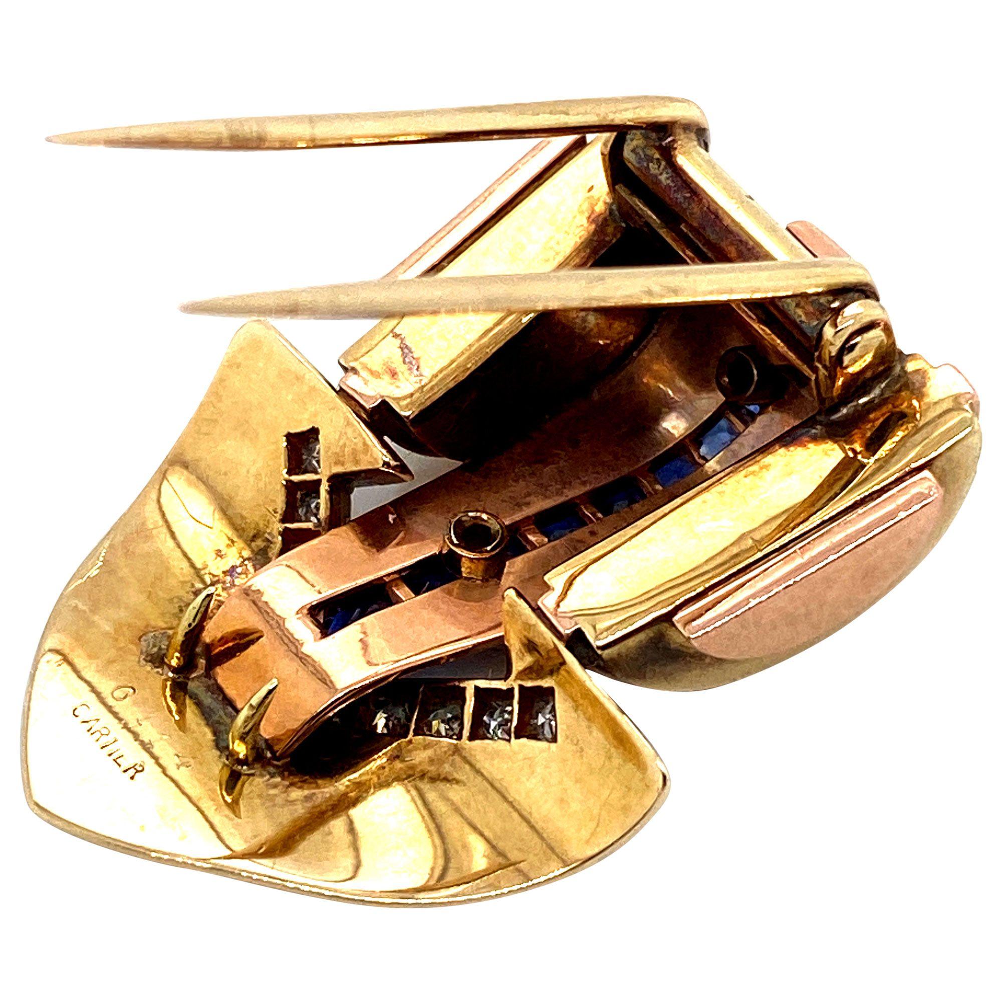Cartier 14 Karat Two-Tone Gold Sapphire and Diamond Clip In Good Condition In QLD , AU