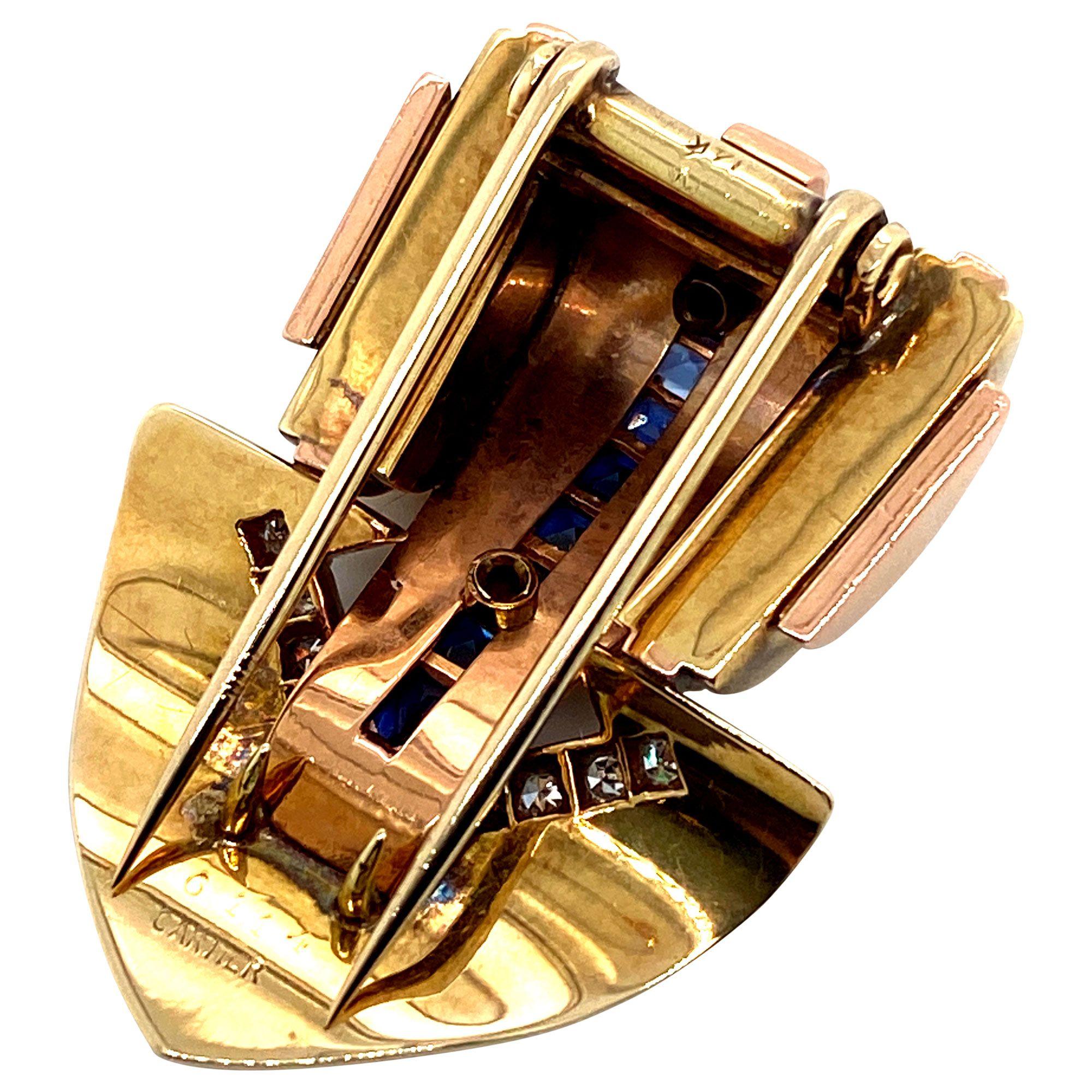 Women's or Men's Cartier 14 Karat Two-Tone Gold Sapphire and Diamond Clip