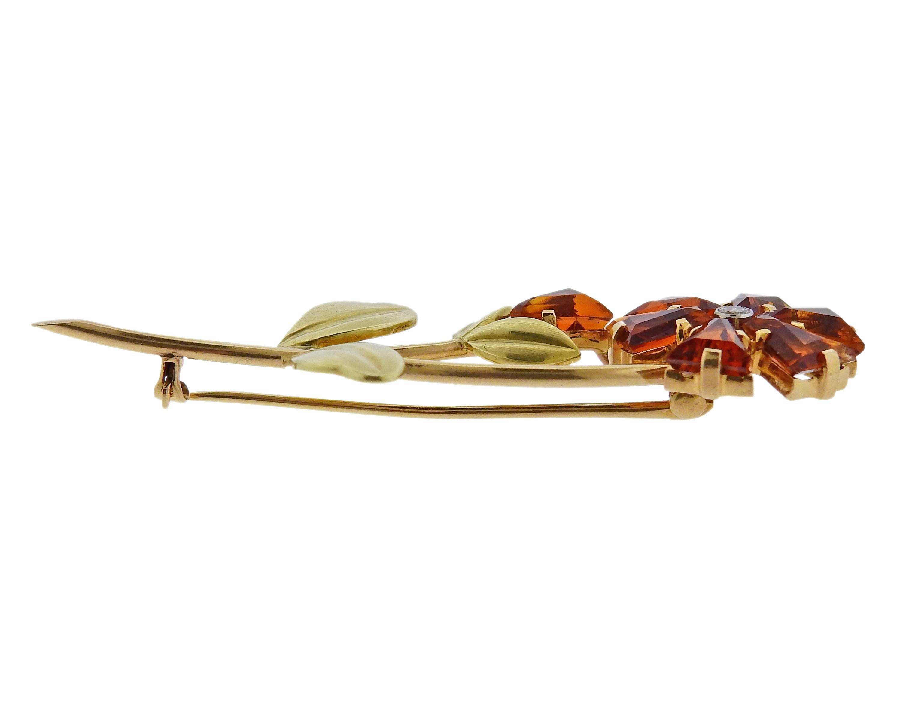 Cartier Retro Citrine Diamond Gold Flower Brooch Pin  In Excellent Condition In New York, NY