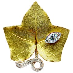 Cartier 1.45 Carat Old Euro and Round Brilliant Diamond Ivy Leaf Brooch