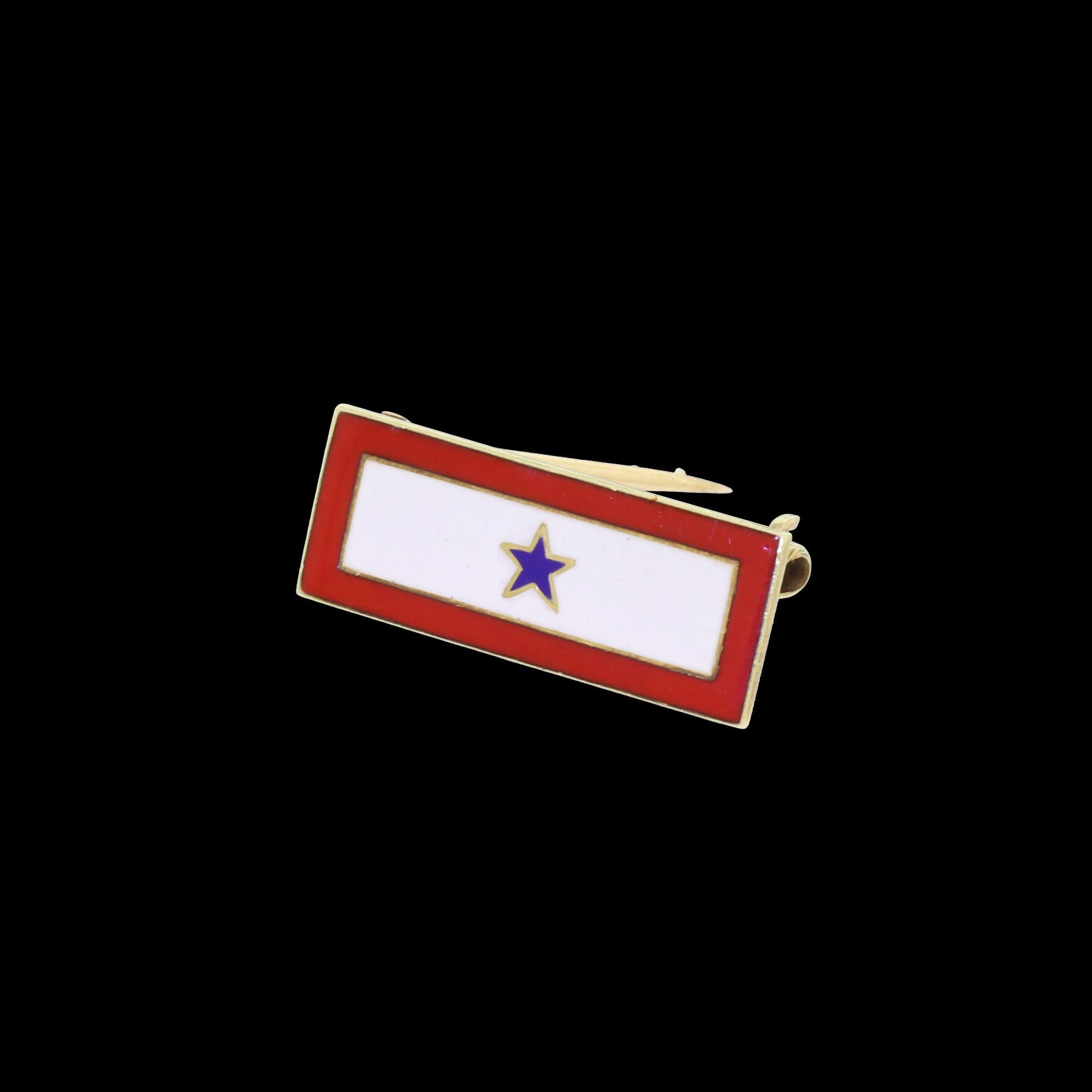 Cartier 14K Gold Enamel U.S. Military WWII Patriot Son In Service Brooch Pin.
In excellent condition for it's 75 year age. No large chips to the enamel, no excessive wear - a tiny nibble to one corner is visible under a loupe.
Has been stored for