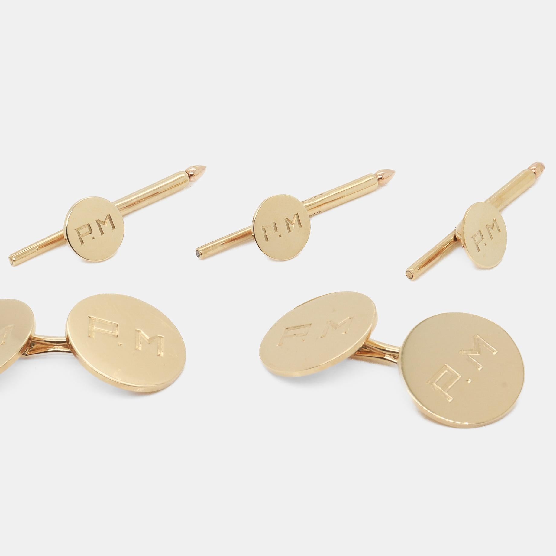Cartier 14K Gold Monogrammed Cufflinks & Shirt Stud Dress Set In Good Condition For Sale In Philadelphia, PA