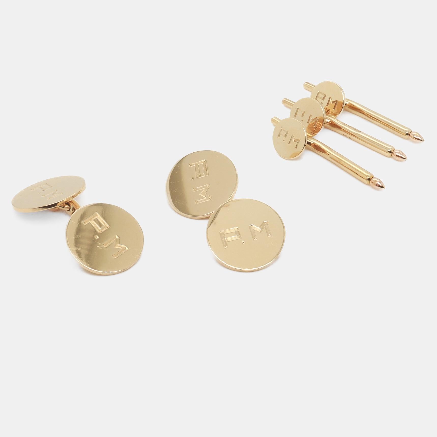 Men's Cartier 14K Gold Monogrammed Cufflinks & Shirt Stud Dress Set For Sale