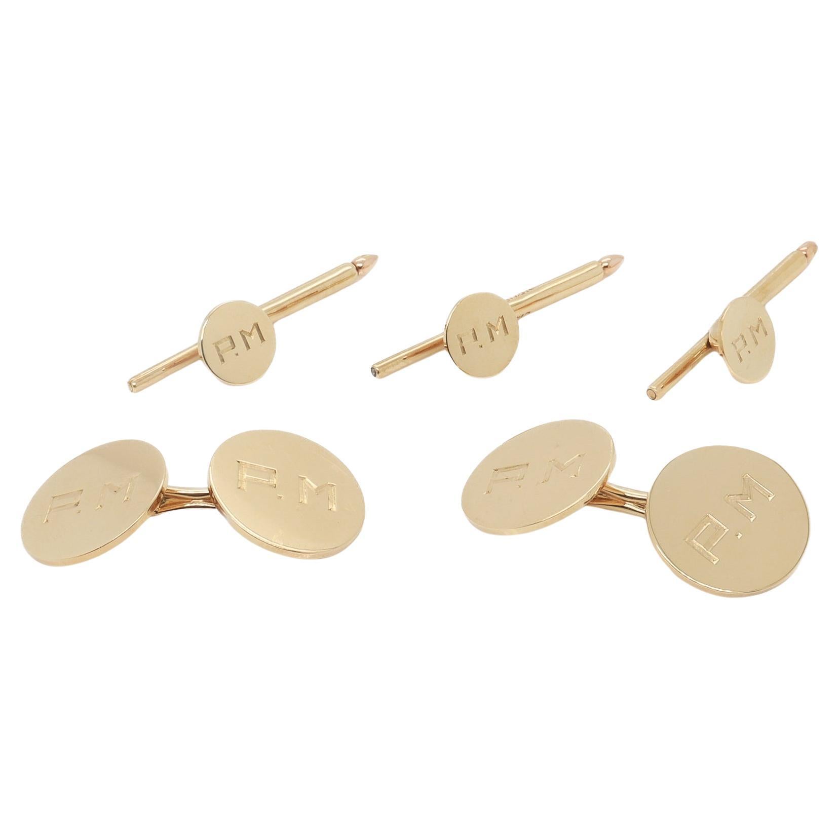Cartier 14K Gold Monogrammed Cufflinks & Shirt Stud Dress Set For Sale