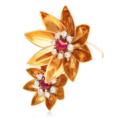 CARTIER 14K Rose Gold Diamond and Cabochon Ruby Flower Brooch