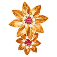 CARTIER 14K Rose Gold Diamond and Cabochon Ruby Flower Brooch